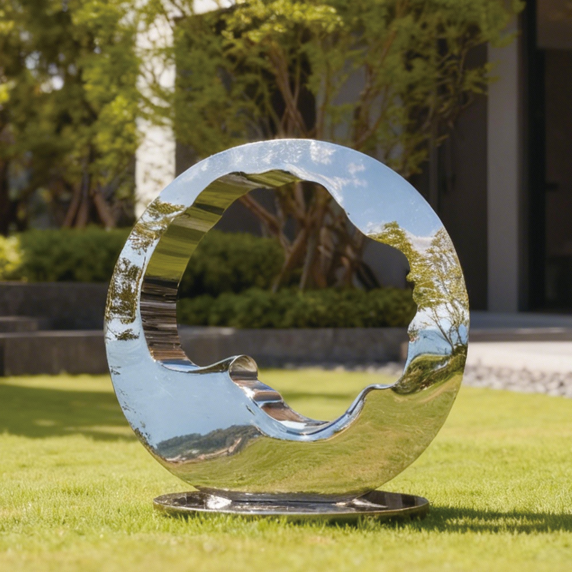 Stainless steel sculpture on grass with blurred background