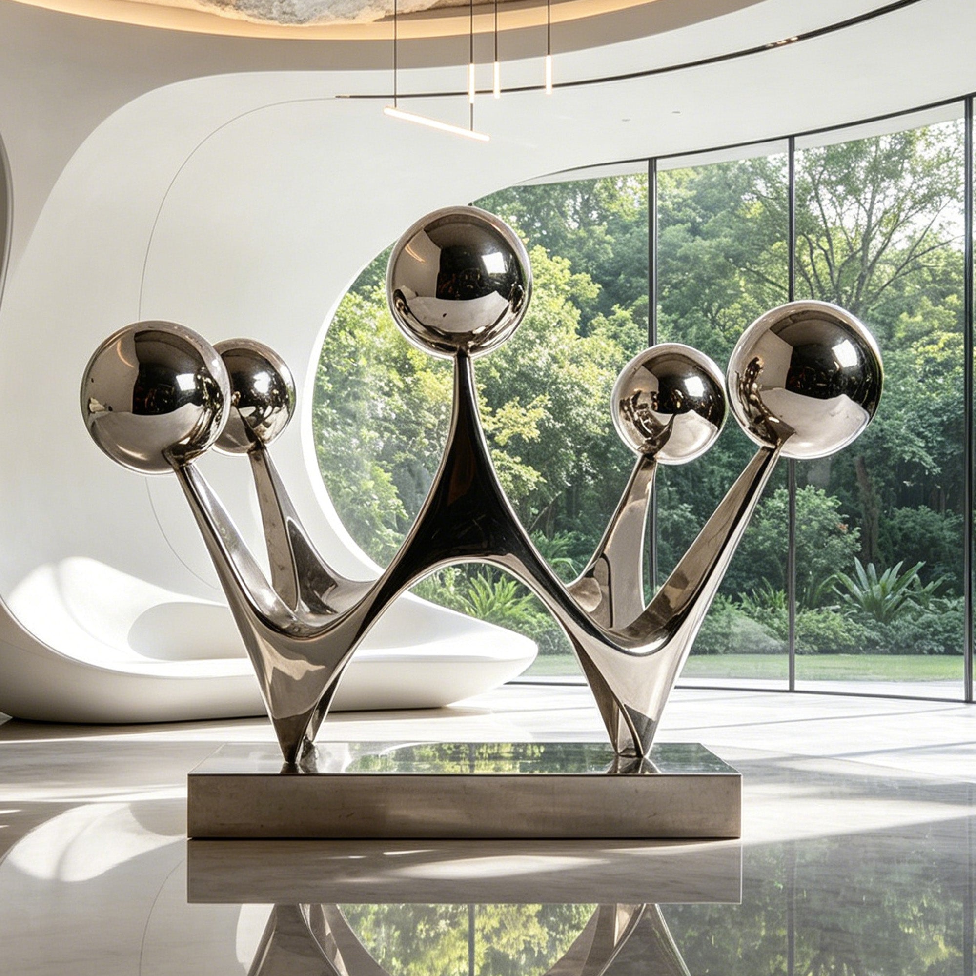 A polished stainless steel sculpture inspired by a crown, with smooth curves and spherical elements. A modern abstract design that symbolizes strength and unity, perfect for contemporary interiors.