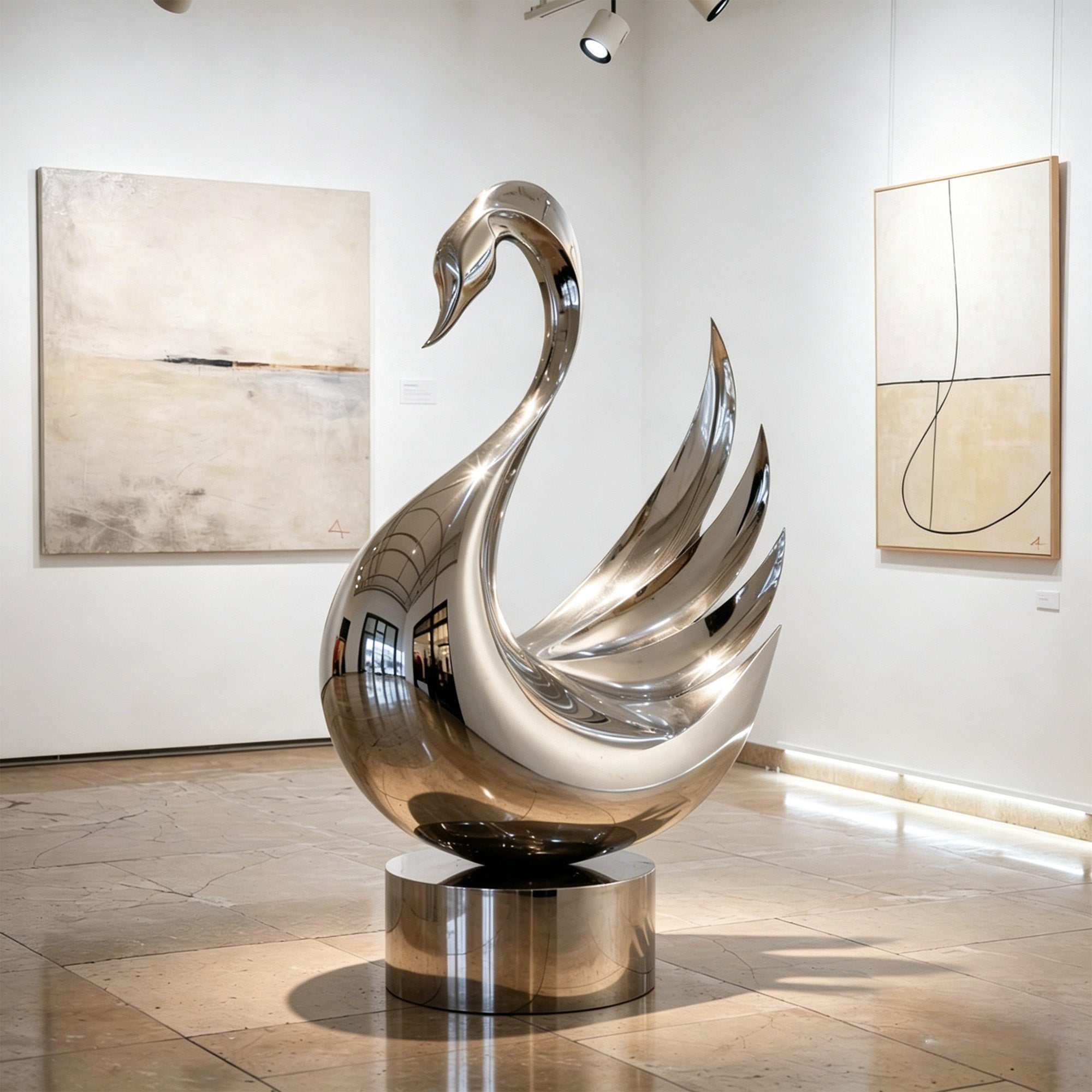 Silver Grace Swan Sculpture Stainless Steel Floor Art Sculpture in a art gallery