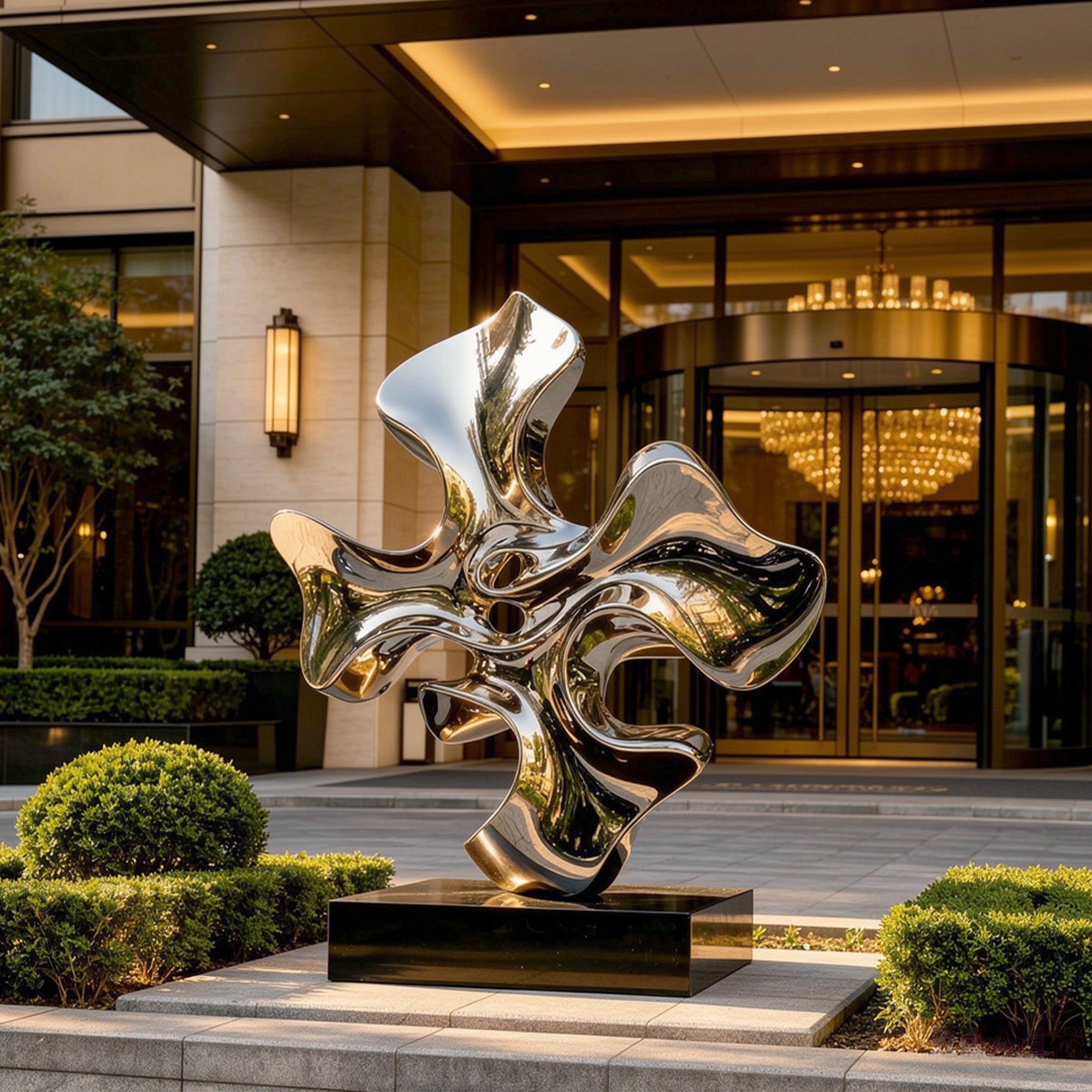 Modern silver sculpture in front of a building entrance