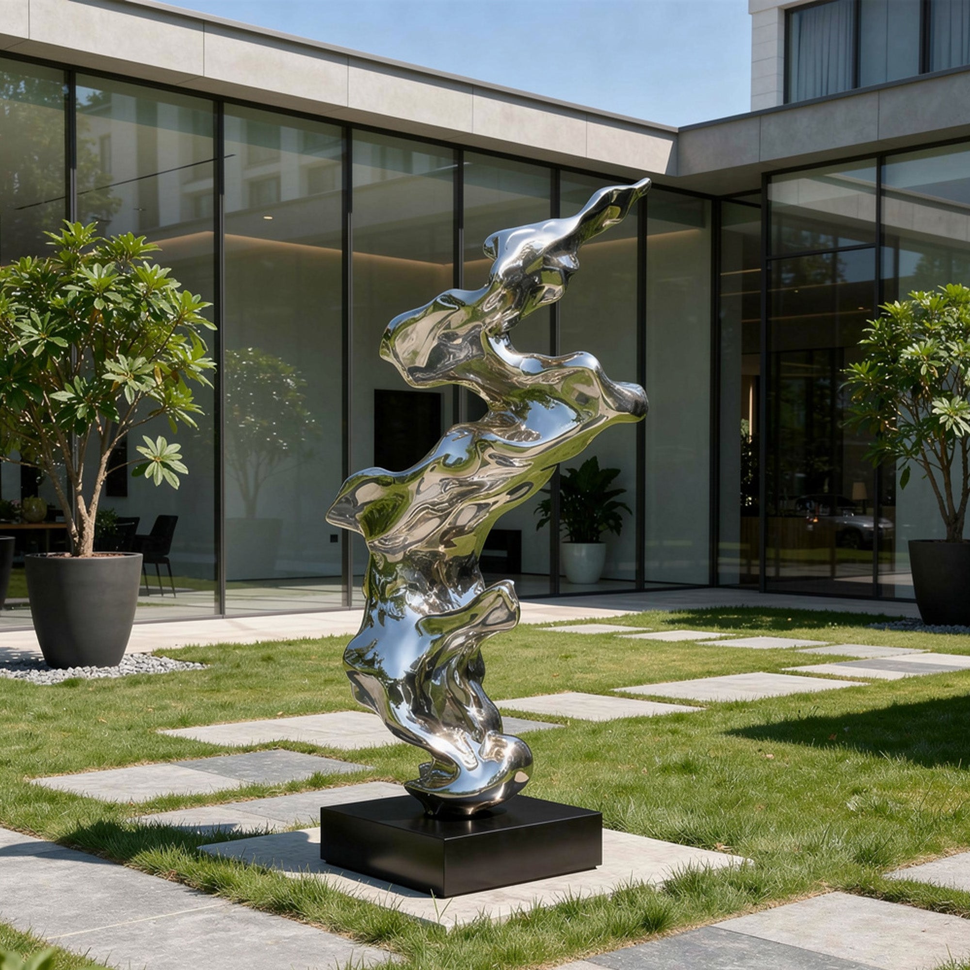Silver abstract sculpture in a modern outdoor setting with glass walls and plants.