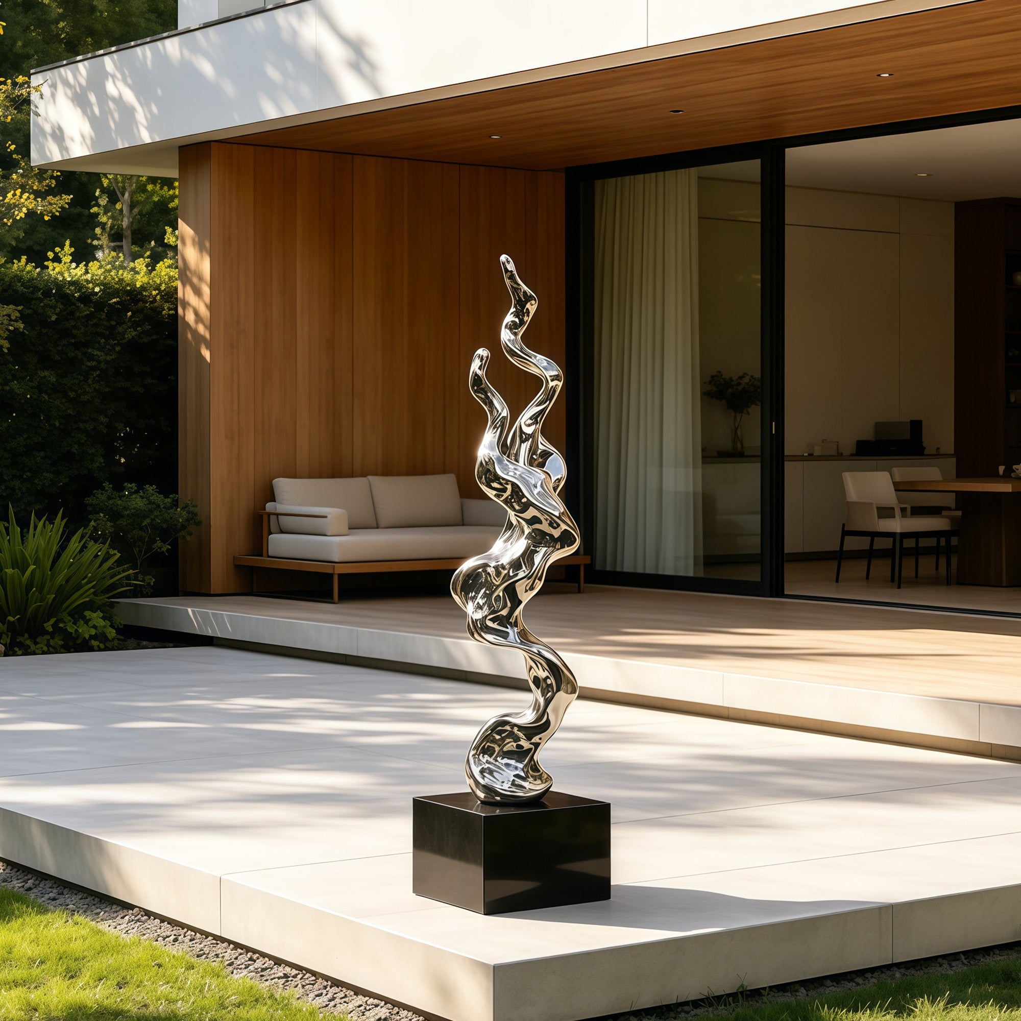 Ethereal Flame Abstract Metal Sculpture  Modern Stainless Steel Outdoor Floor Sculpture
