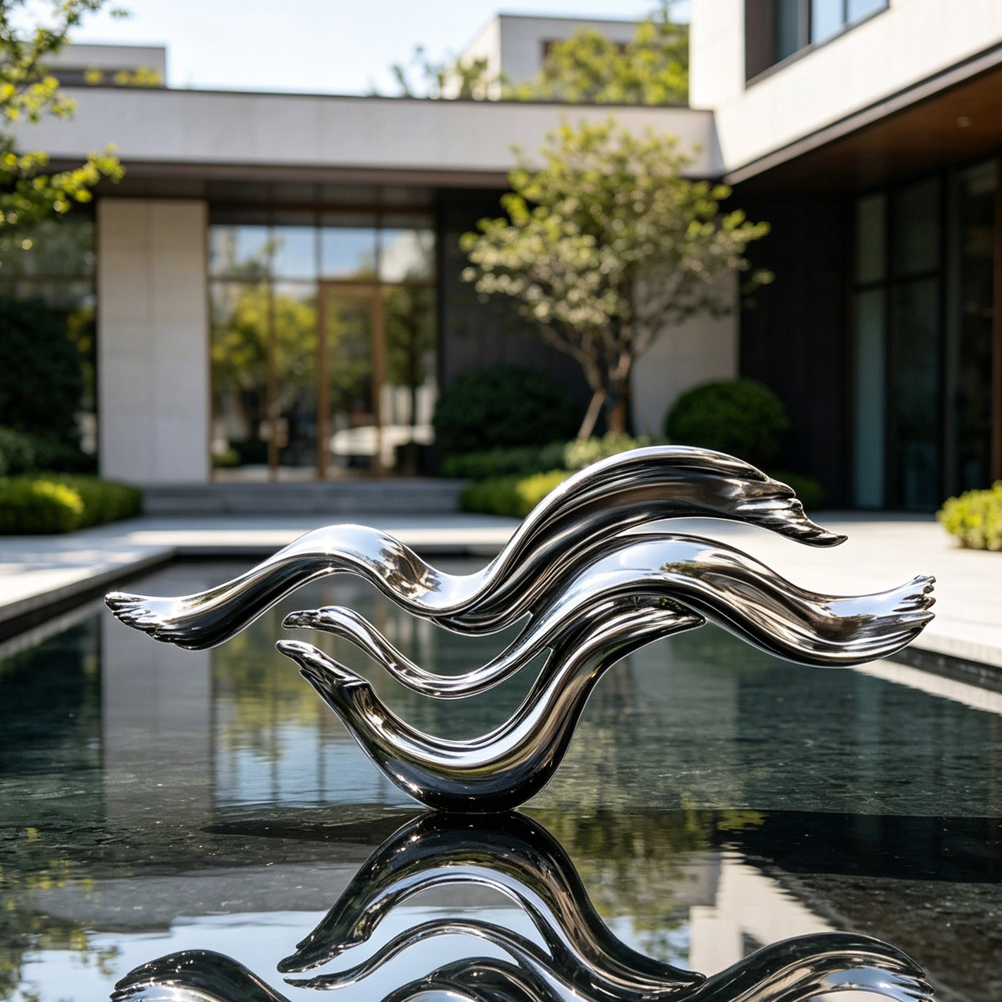 Silver wavy sculpture on a reflective surface with a modern building in the background