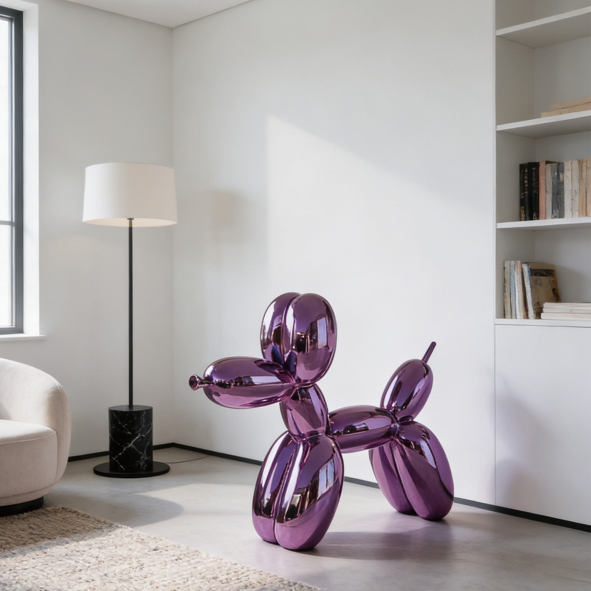 purple mirror stainless steel balloon dog sculpture in modern minimalist interior
