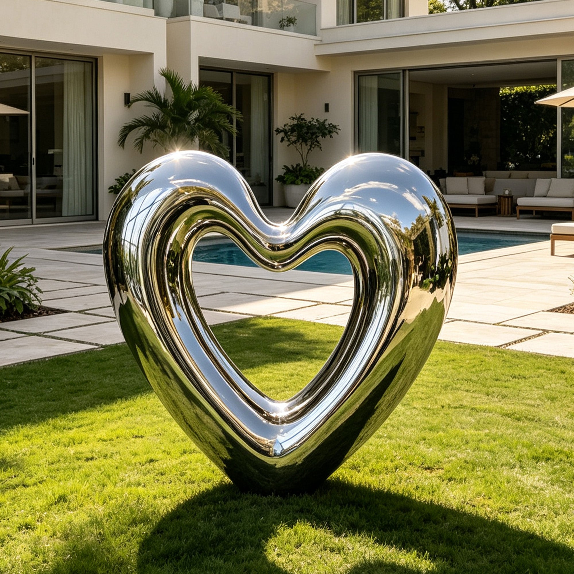 Mirror finish stainless steel heart sculpture installed in a luxury garden courtyard, featuring a reflective hollow heart shape for contemporary outdoor decoration.