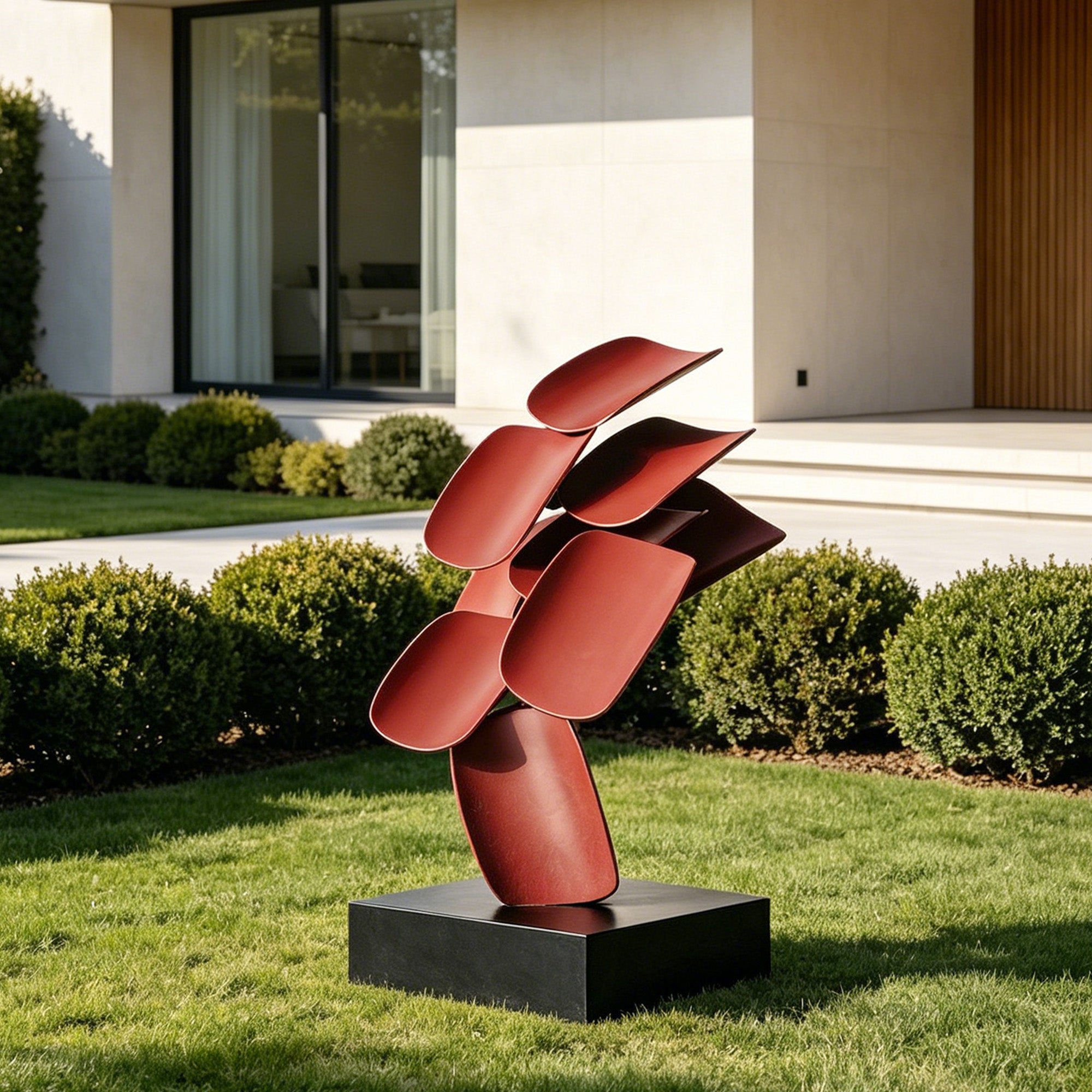 Modern red sculpture on a grassy lawn in front of a building