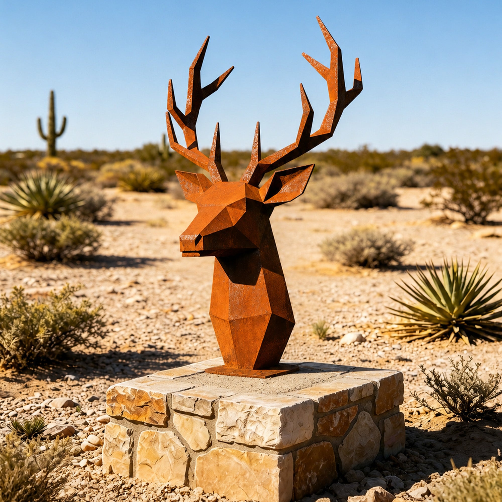 geometric corten steel deer head sculpture displayed in desert landscape setting