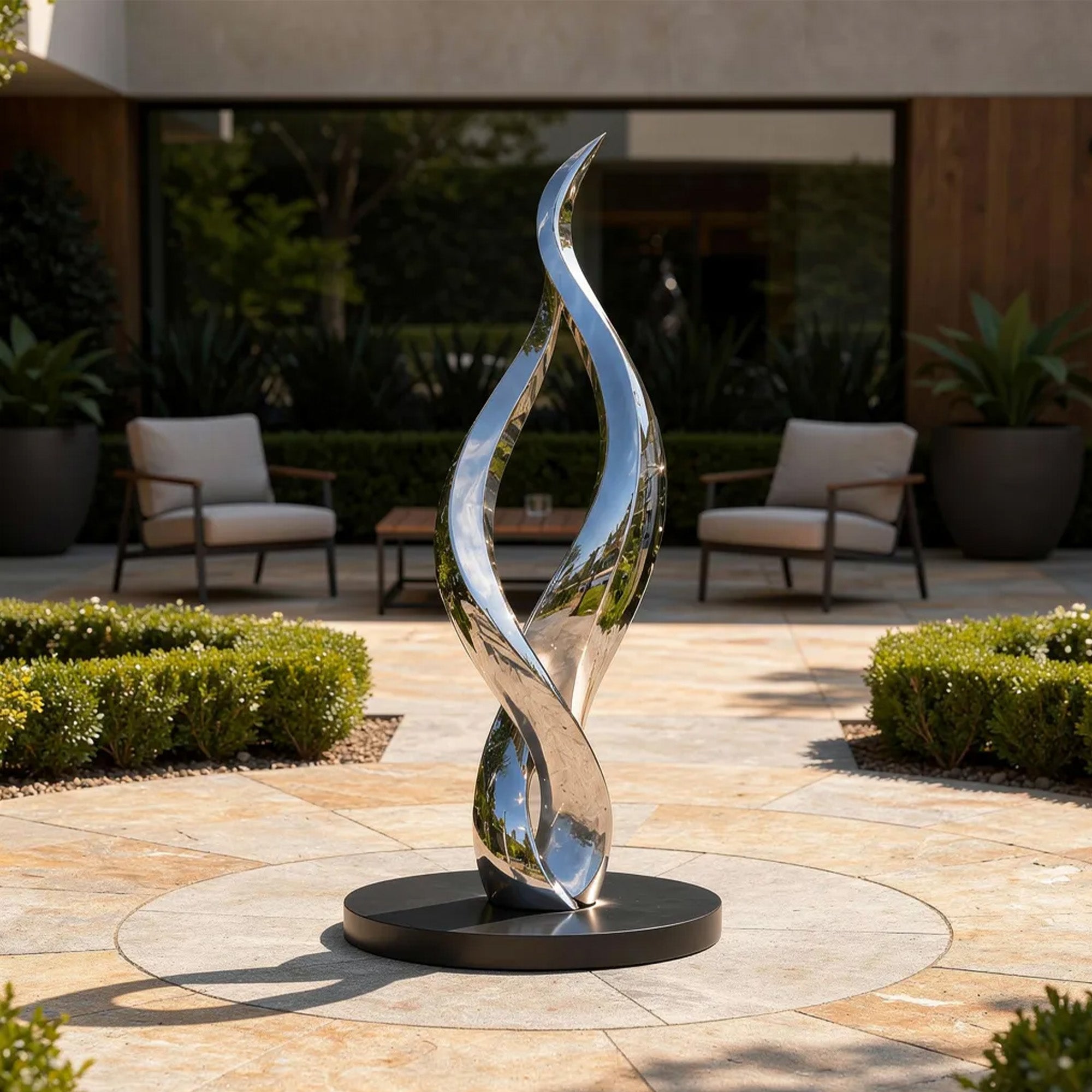 Stainless steel abstract twist sculpture displayed in a modern courtyard with a polished mirror finish, flowing ribbon form, circular black base, and contemporary landscape setting.