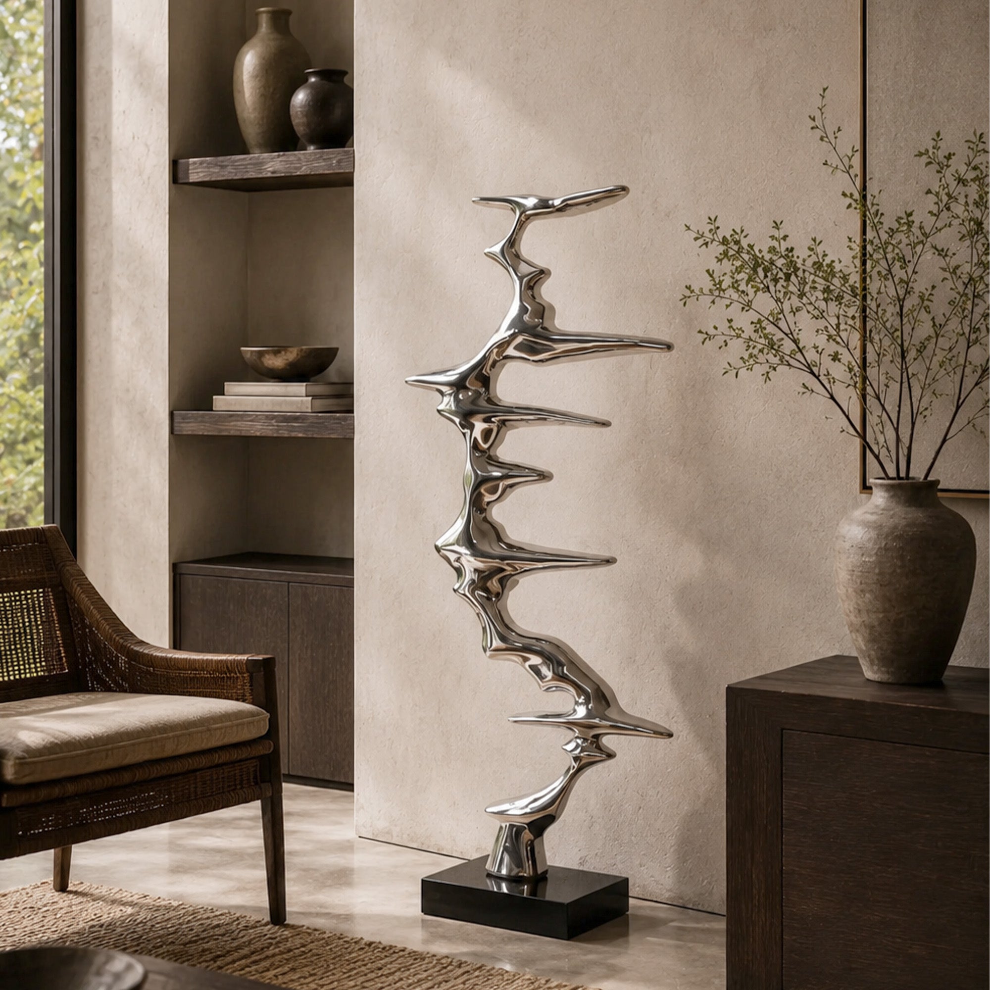 Modern mirror polished stainless steel sculpture placed in a living room interior, with an abstract vertical design for luxury home decor and contemporary art spaces
