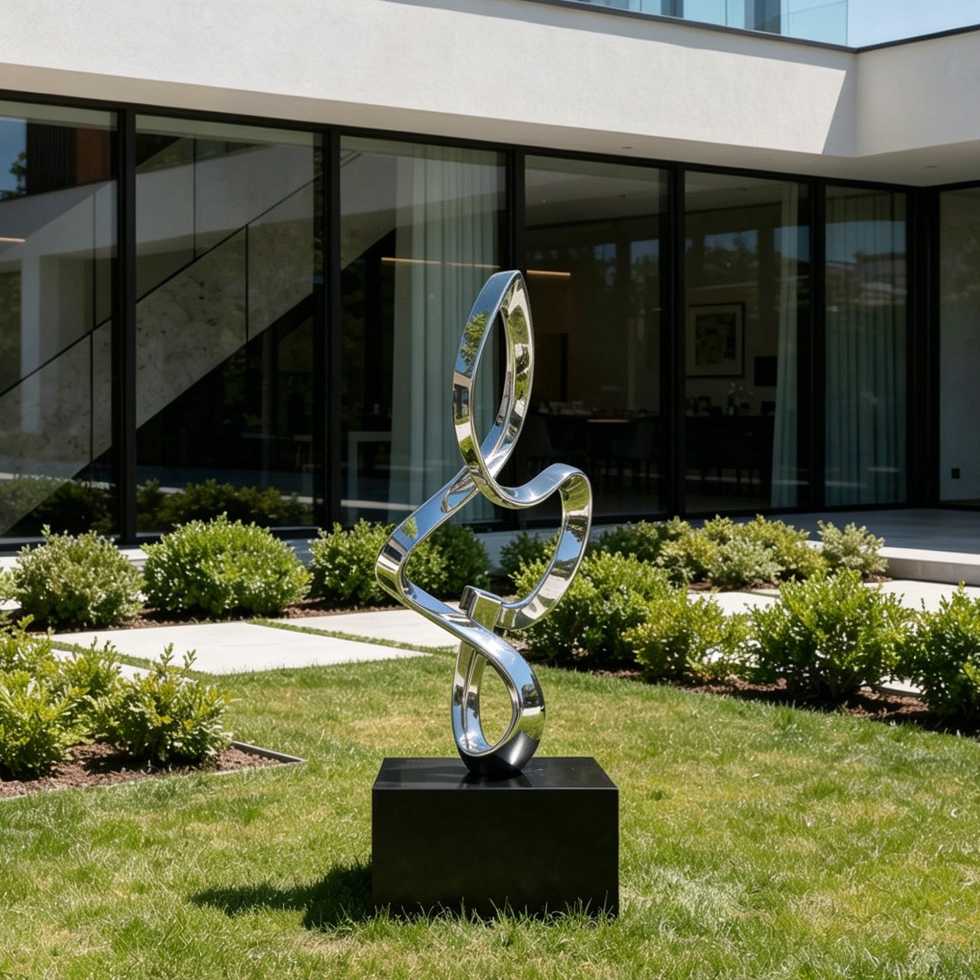 Mirror polished stainless steel ribbon lawn sculpture displayed in a luxury villa courtyard, featuring a flowing loop design on a black base for modern outdoor landscape decor