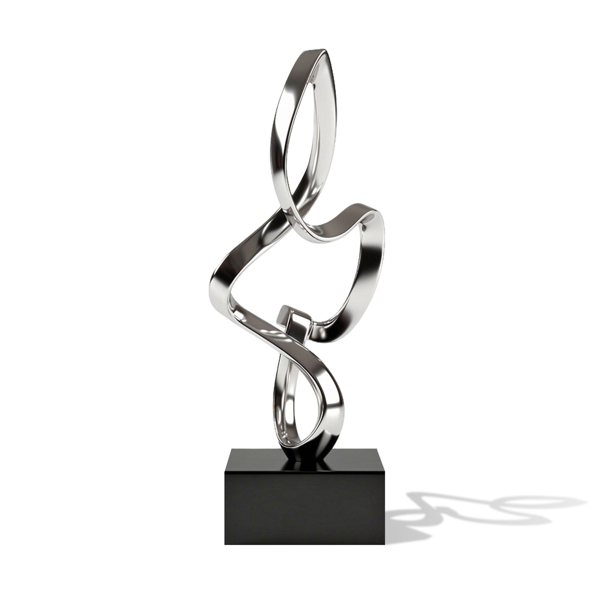 Mirror stainless steel loop ribbon outdoor sculpture with a polished reflective surface and black base, ideal for lawn gardens, villa courtyards, public landscapes, and contemporary outdoor art spaces