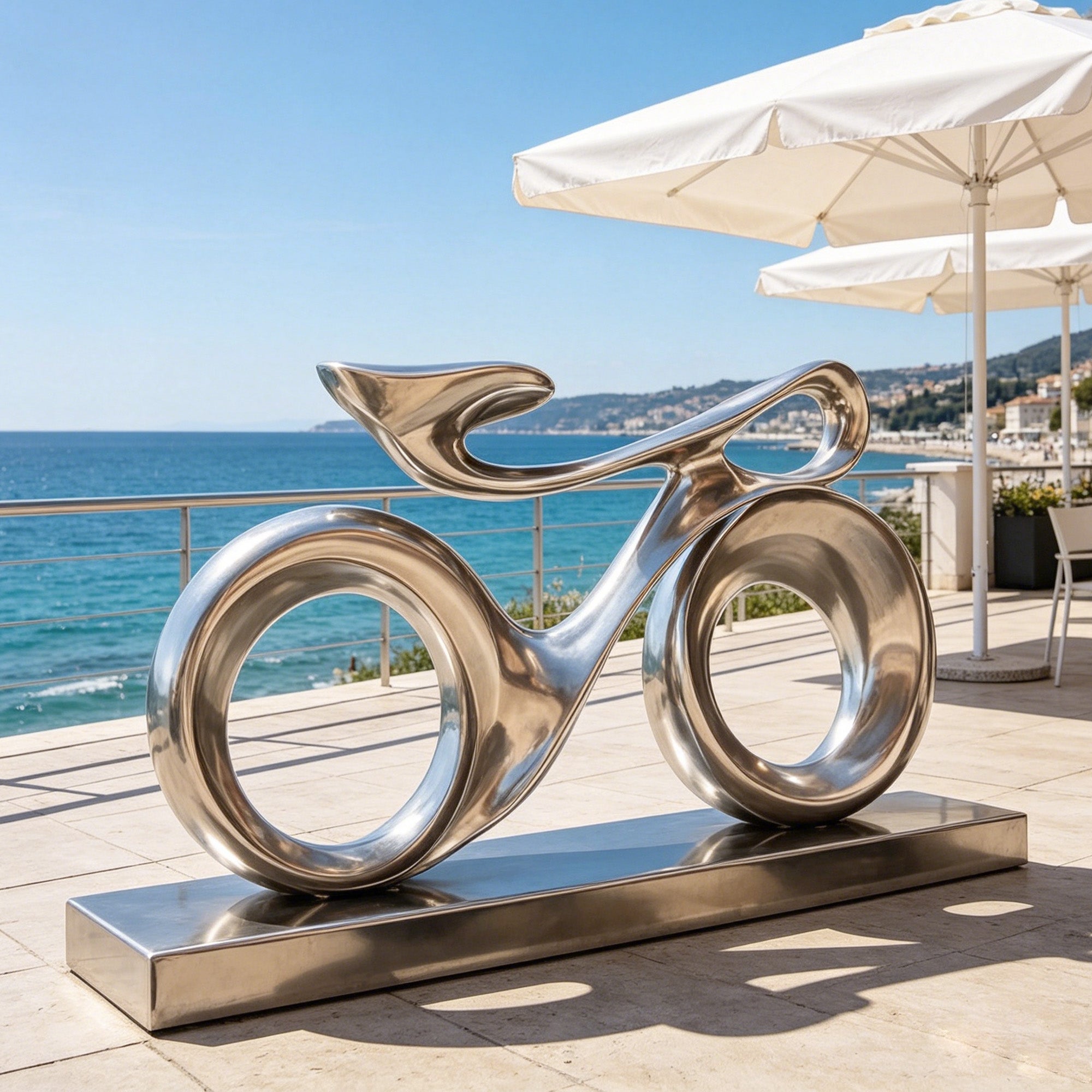 Outdoor bicycle-inspired stainless steel sculpture installed on a coastal terrace, with polished abstract metal form, circular wheel design, and public art display style