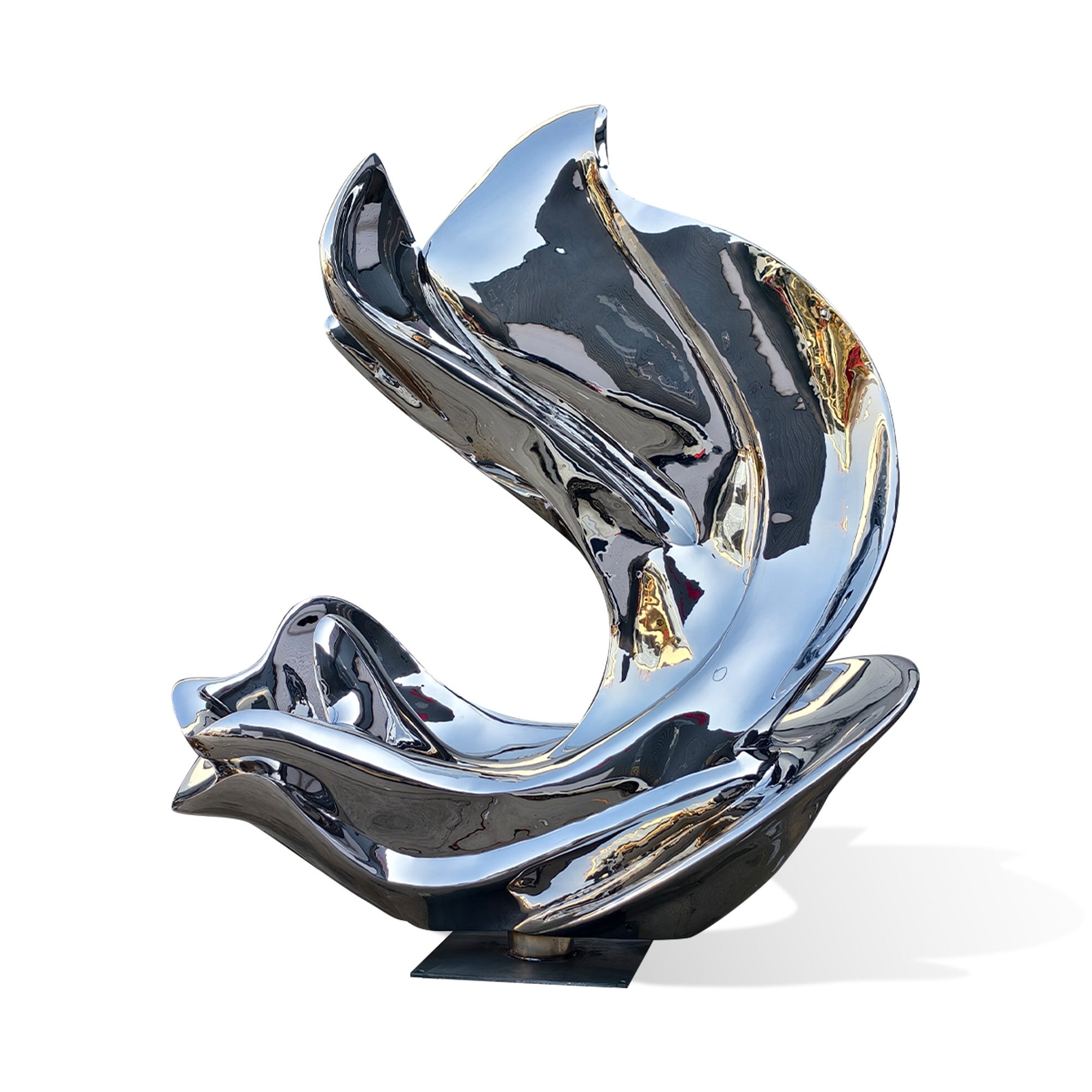 Side profile view of a mirror polished stainless steel wave sculpture with layered flowing curves, reflective silver finish, and dynamic abstract form on a white background.