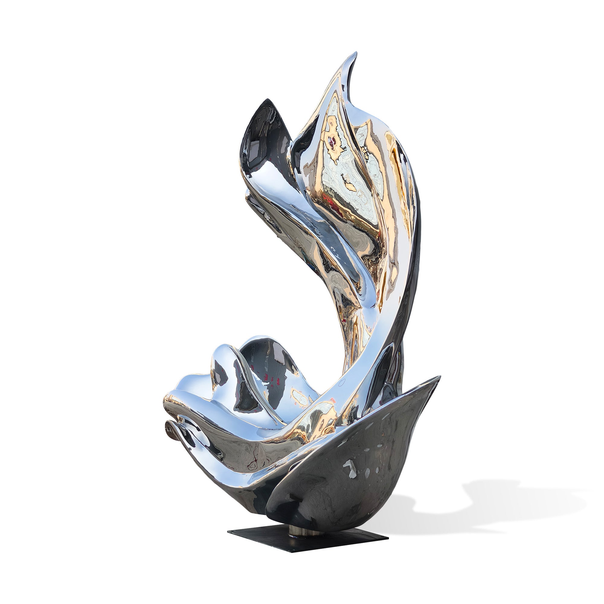 Rear three-quarter view of a polished stainless steel wave statue with sweeping vertical curves, open center space, and reflective abstract water-inspired design on a white background.