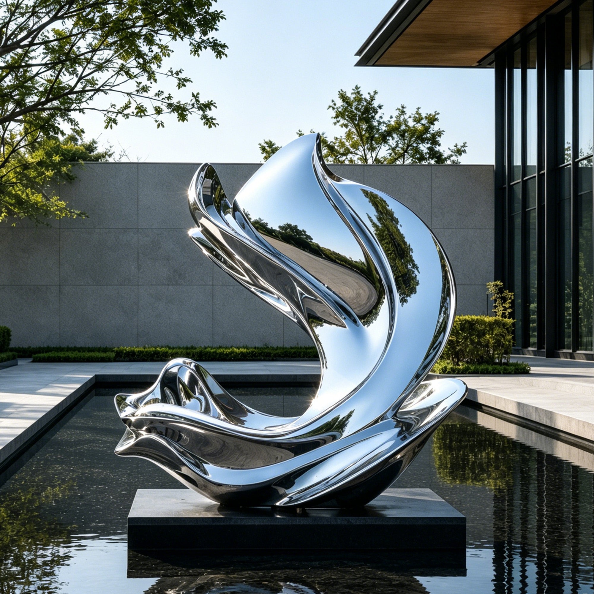 Polished stainless steel wave sculpture installed on a pedestal in a modern courtyard reflecting pool with glass architecture, trees, and landscaped surroundings.
