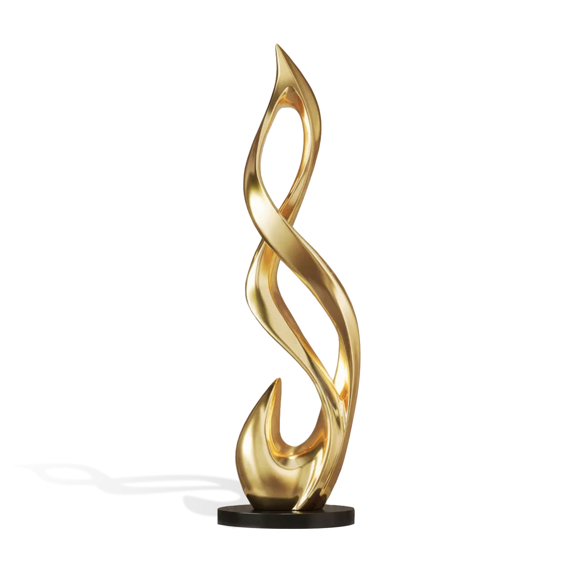 Front view of a gold stainless steel flame sculpture with flowing abstract curves, open center design, mirror polished surface, and black round base.