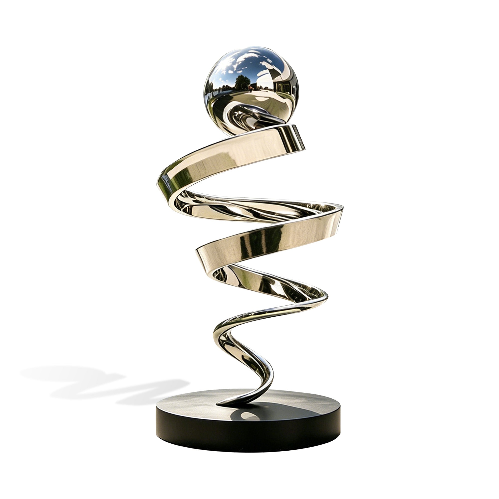 spiral-ribbon-sphere-sculpture.jpg
Front view of a mirror polished stainless steel spiral ribbon sculpture with a reflective sphere, flowing vertical form, and round base on a white background.