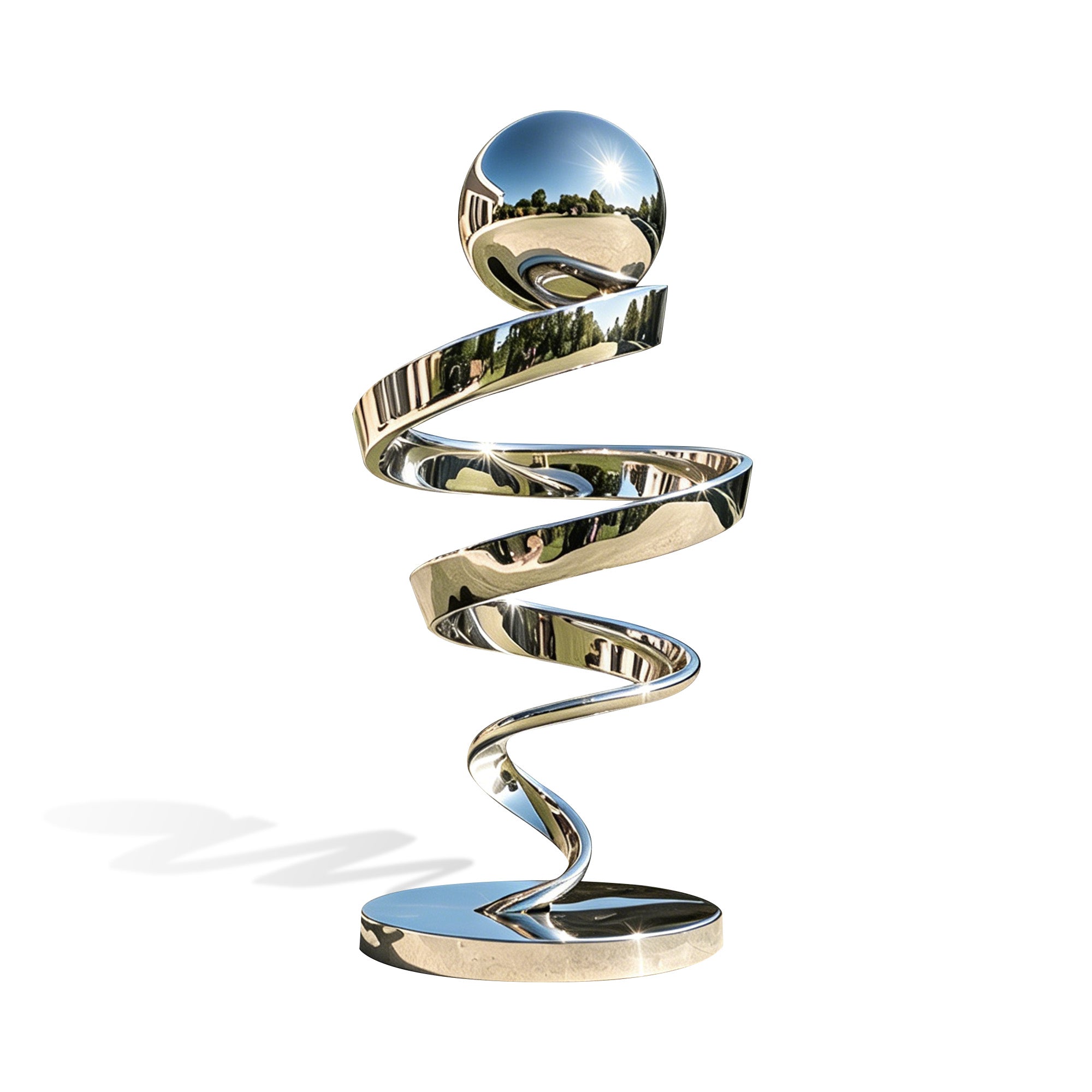 Front view of a mirror polished spiral ribbon sphere statue with flowing stainless steel curves, reflective ball detail, and round base on a white background.