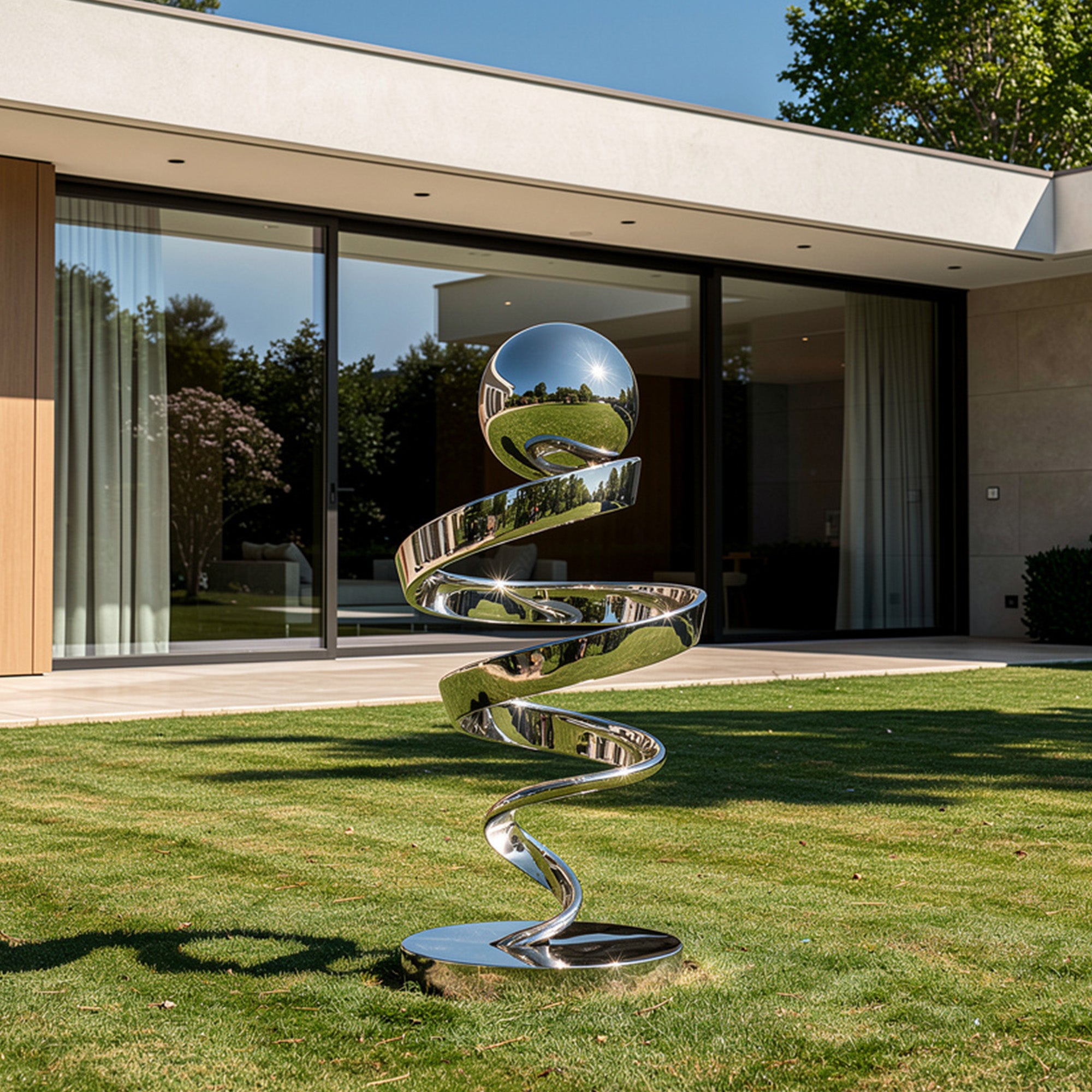 Stainless steel ribbon sphere sculpture installed on a modern residential lawn with reflective mirror finish, spiral movement, and contemporary outdoor setting.