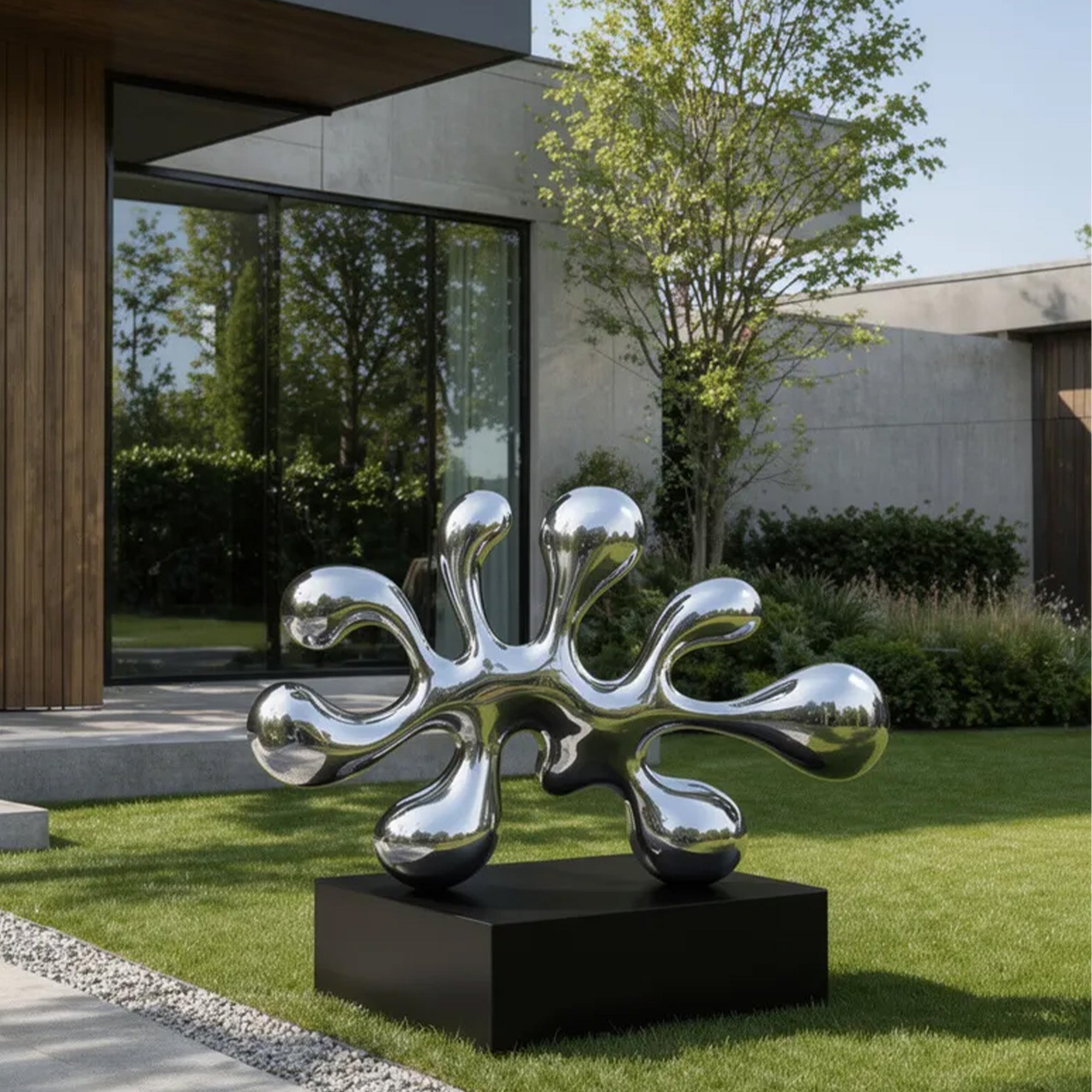 Stainless steel droplet splash sculpture installed on a black pedestal in a landscaped courtyard with mirror polished finish, organic flowing arms, and modern architecture.