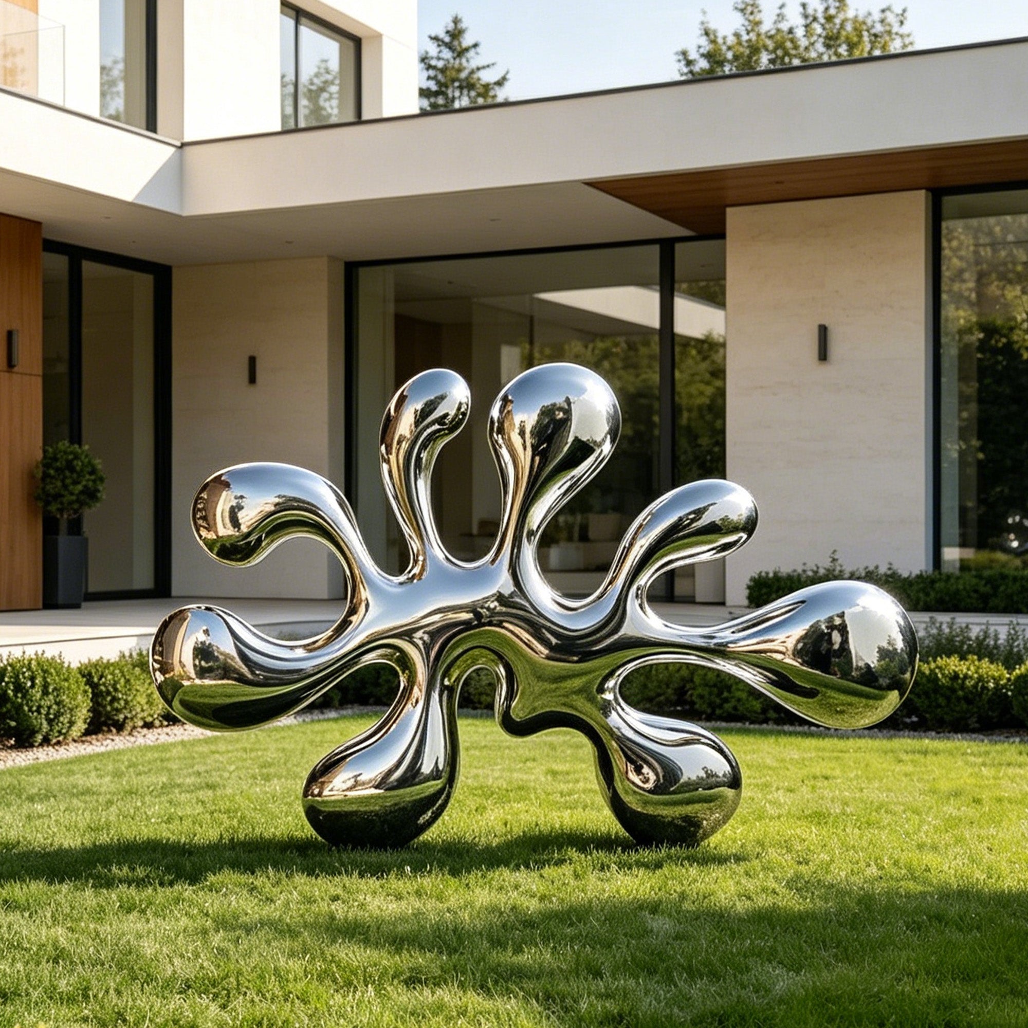 Mirror polished stainless steel liquid splash sculpture displayed on a modern residential lawn with rounded droplet forms, reflective surface, and contemporary outdoor setting.