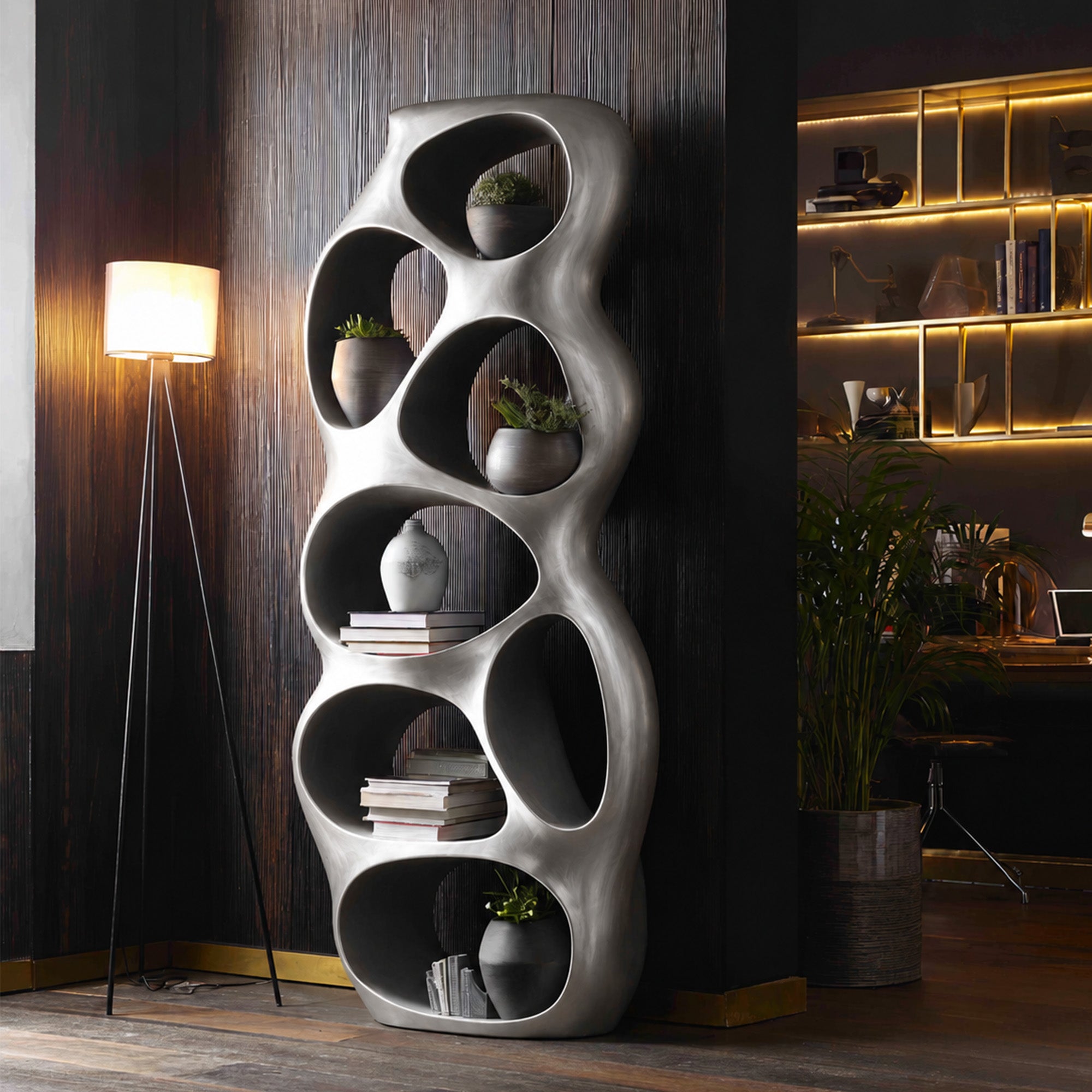 Brushed stainless steel bubble display shelf placed in a modern interior with organic open compartments, matte silver surface, plants, books, and decorative objects.