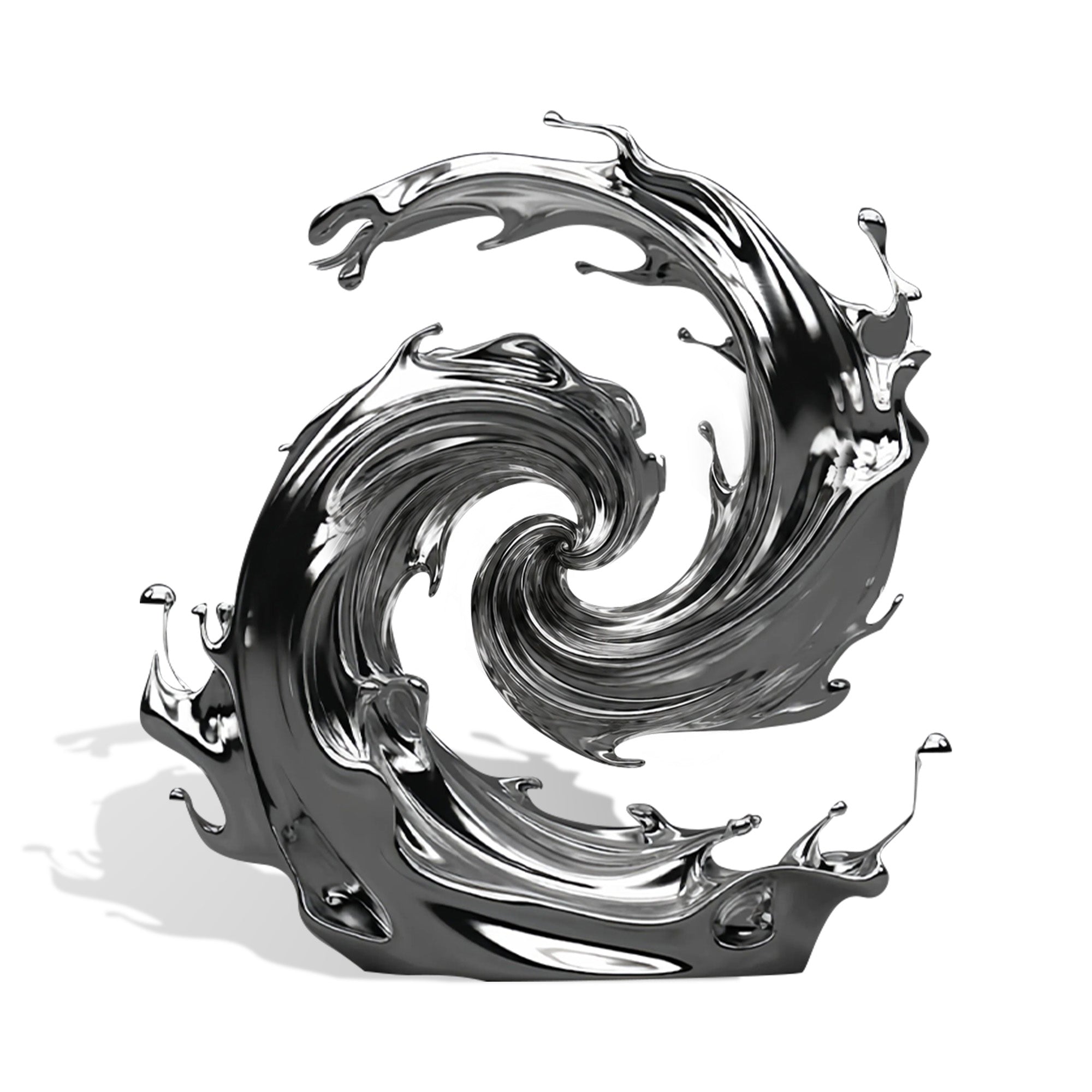 Front view of a mirror polished stainless steel spiral wave sculpture with swirling circular form, dynamic splash edges, water droplet details, and reflective silver finish on a white background.