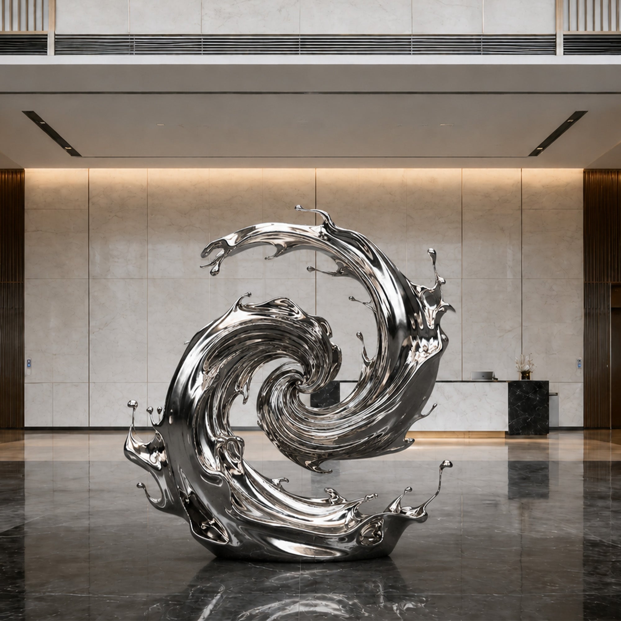 Mirror polished stainless steel spiral wave sculpture displayed in a luxury lobby with swirling water form, splash details, reflective surface, and marble interior background.