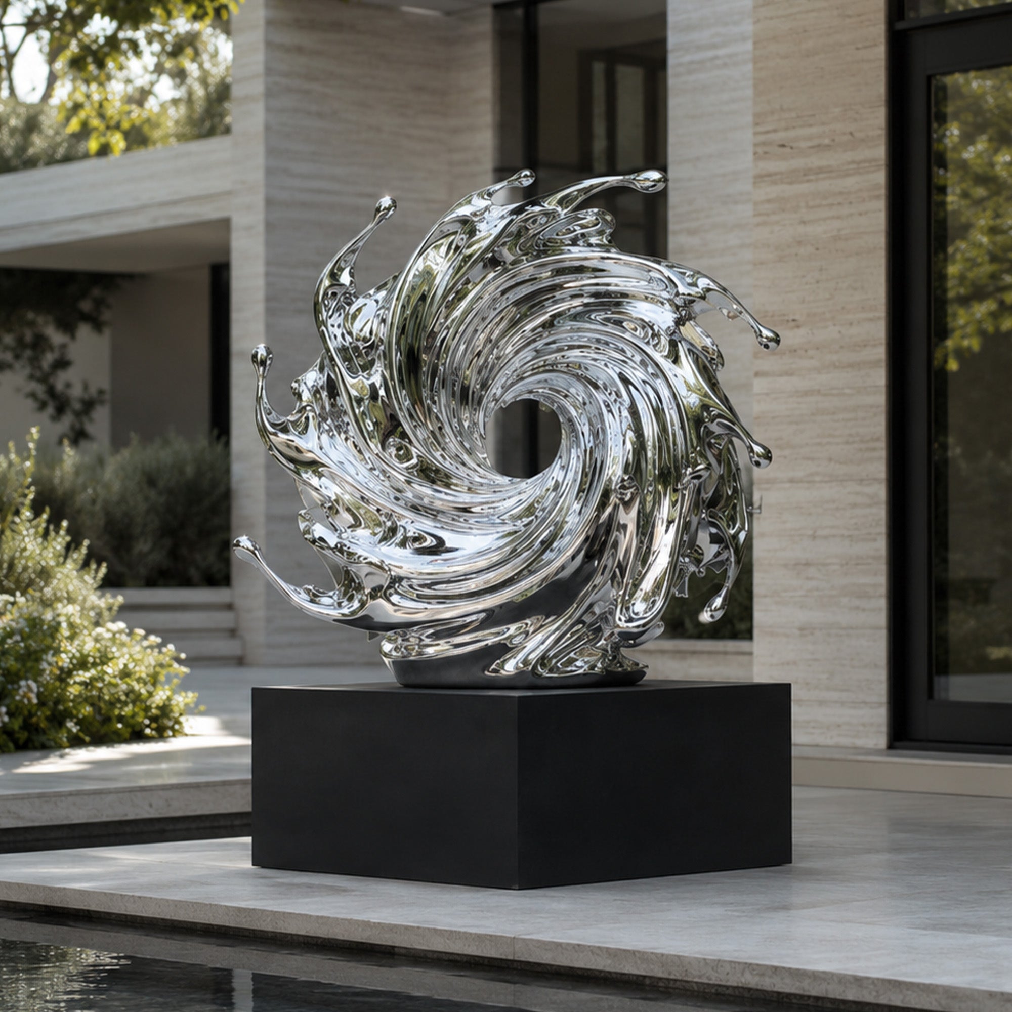 Mirror polished stainless steel vortex wave sculpture installed on a black pedestal in a contemporary courtyard with spiral water form, droplet details, and modern architectural background.
