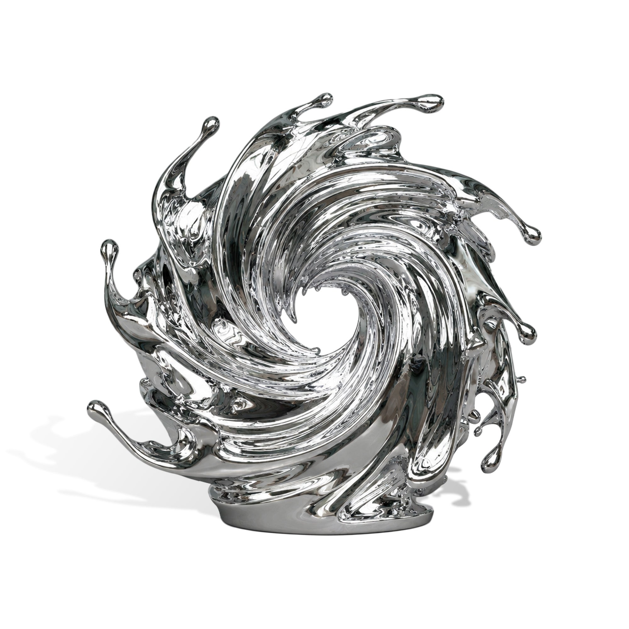Front view of a mirror polished stainless steel vortex wave sculpture with circular swirling form, dynamic splash edges, water droplet details, and reflective silver finish on a white background.