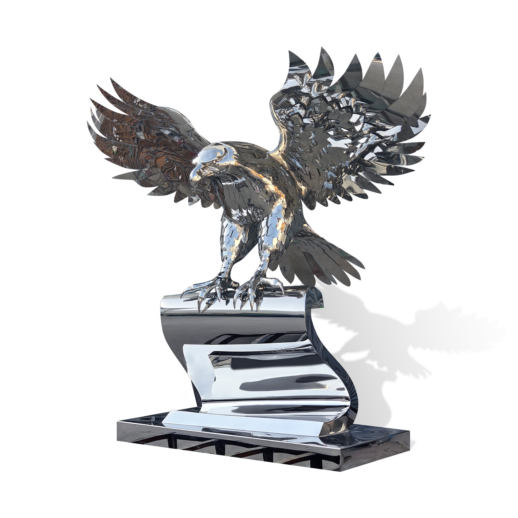 Front view of mirror polished stainless steel eagle statue with spread wings, sharp talons, detailed feather panels, and reflective scroll base on white background