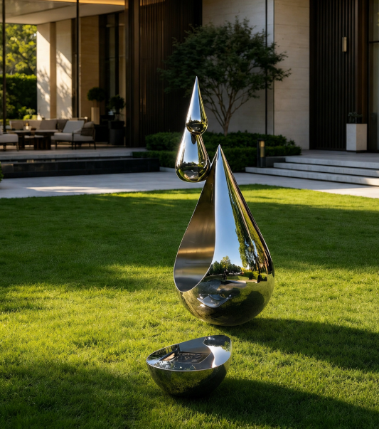 Mirror stainless steel water drop sculpture installed on a villa lawn with hidden fixing, reflecting grass, trees, and modern outdoor architecture