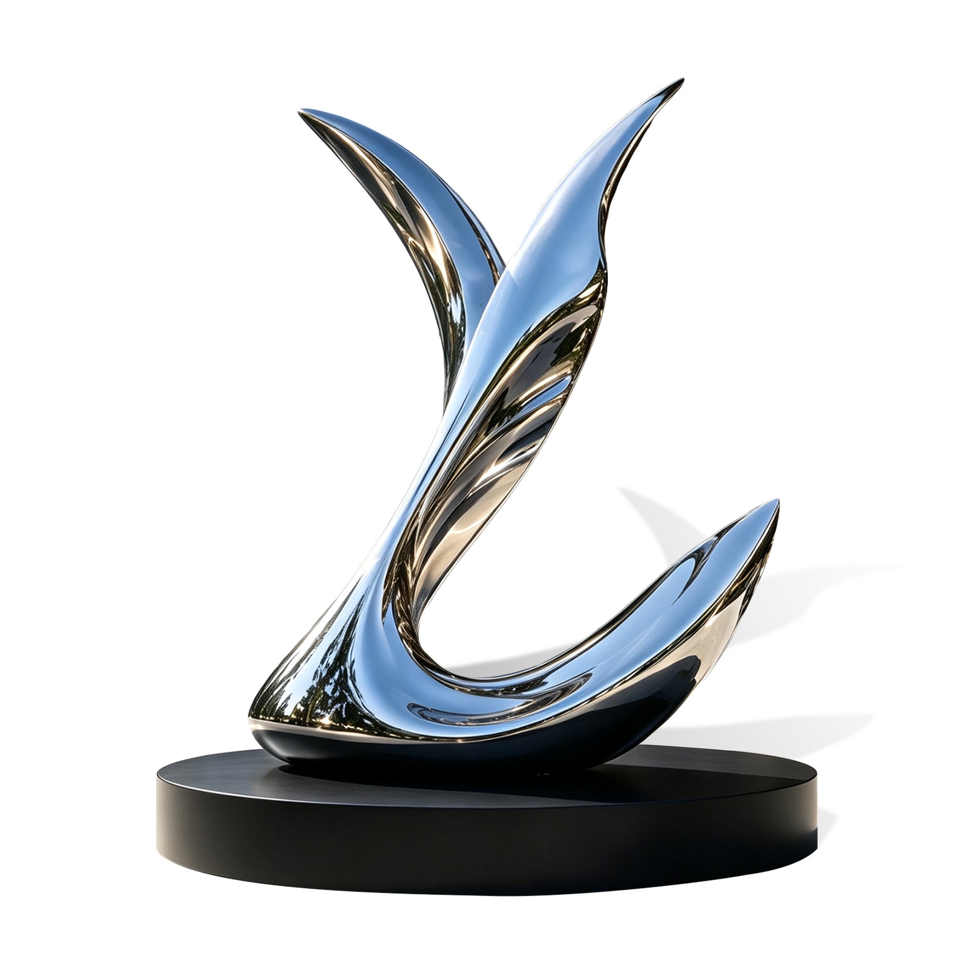 Mirror stainless steel fish tail sculpture with polished reflective surface, abstract split tail form, curved flowing body, black round base, and white background