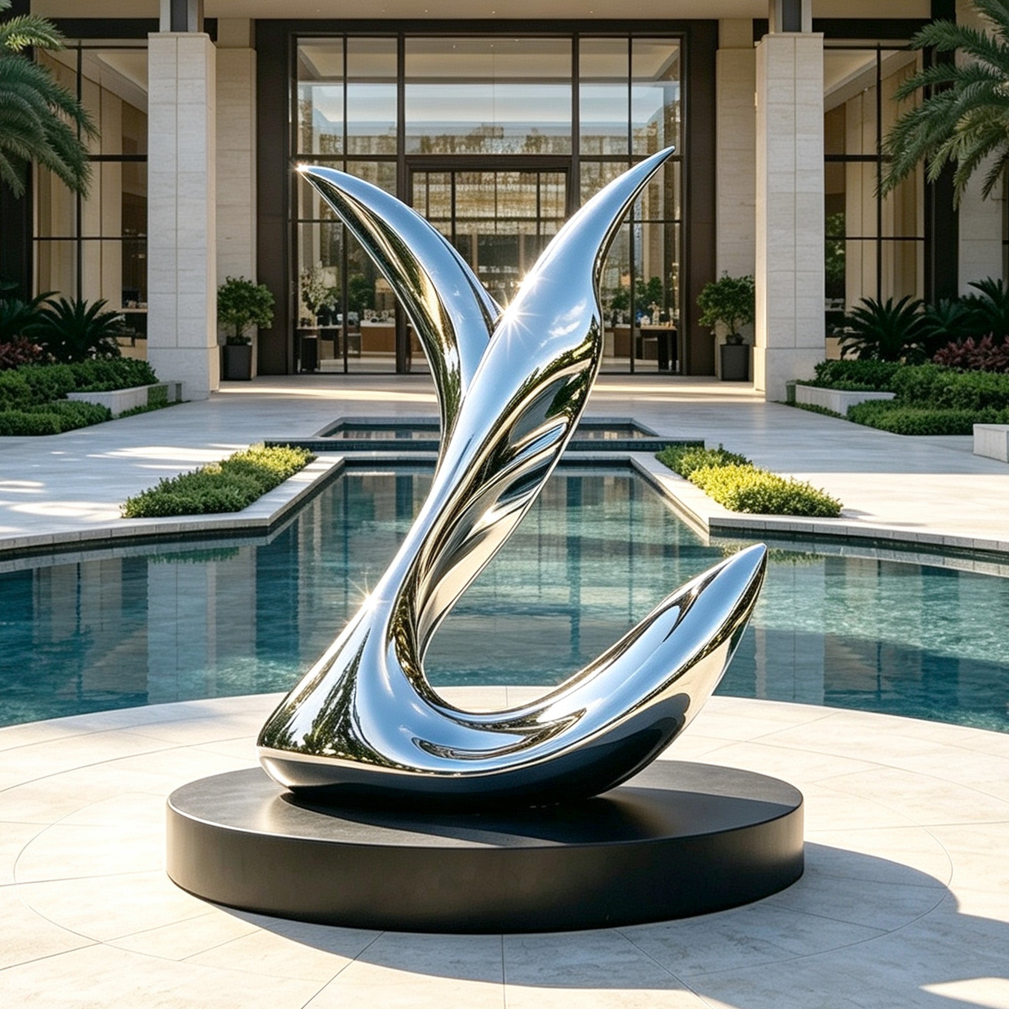 Mirror stainless steel fish tail sculpture installed beside a luxury pool courtyard, featuring abstract rising tail shape, polished reflective finish, black round base, and modern villa entrance setting