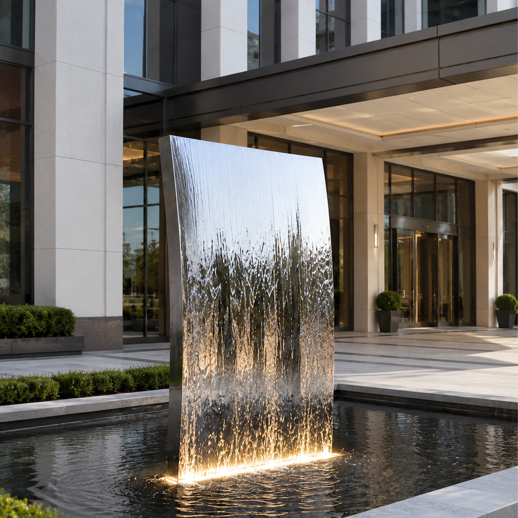 Rain Veil hairline stainless steel water wall fountain installed at a modern commercial entrance, featuring vertical flowing water, warm bottom lighting, reflective pool, and minimalist building facade