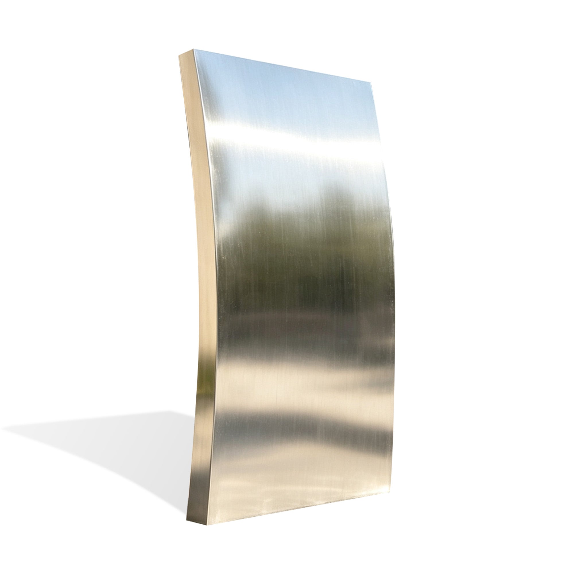 Hairline stainless steel water wall fountain panel with brushed metal surface, slightly curved rectangular form, thick side profile, and white background