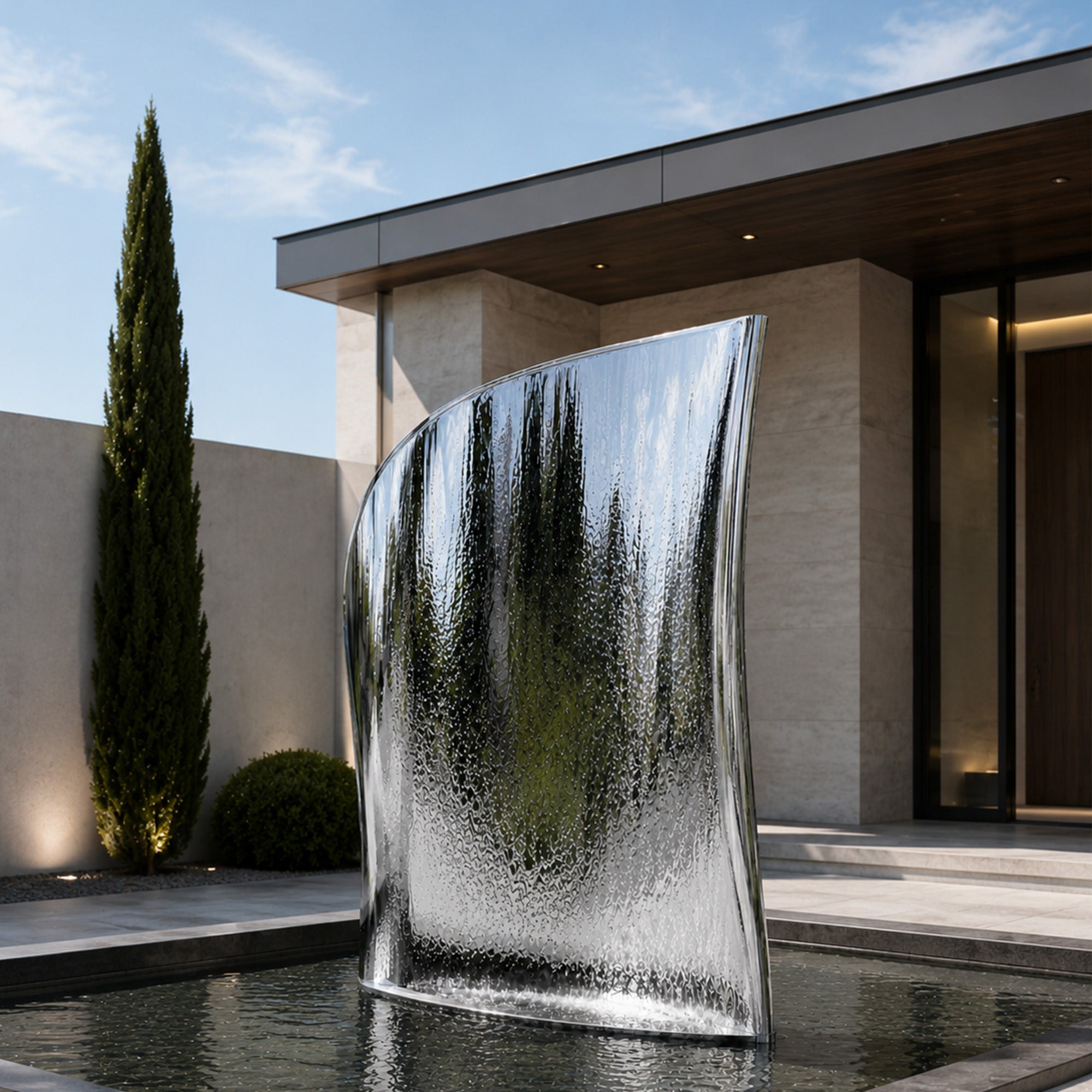 Silver Cascade mirror stainless steel curved water wall fountain installed in a modern villa courtyard pool, featuring flowing water texture, reflective surface, stone paving, and contemporary outdoor architecture