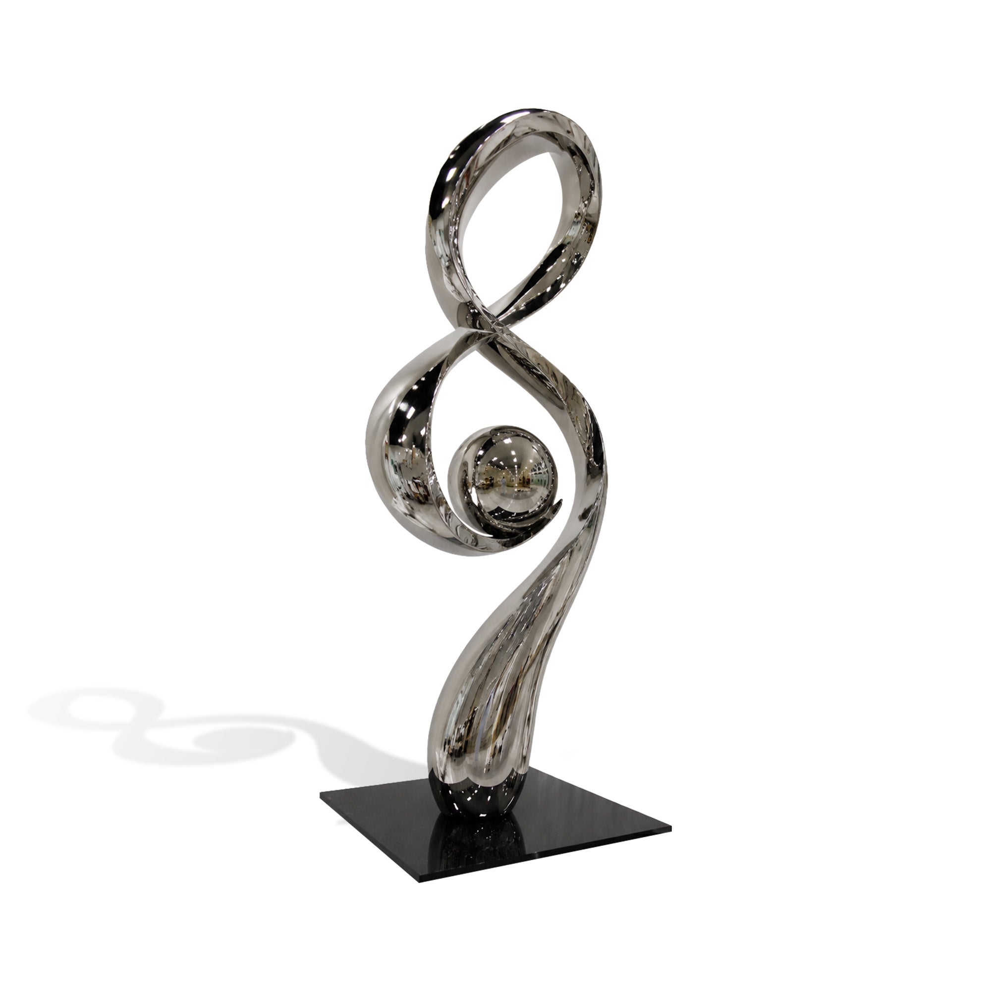 Infinite Note mirror stainless steel abstract sculpture with musical note shape, infinity loop form, reflective metal sphere, flowing curved body, and black square base on white background