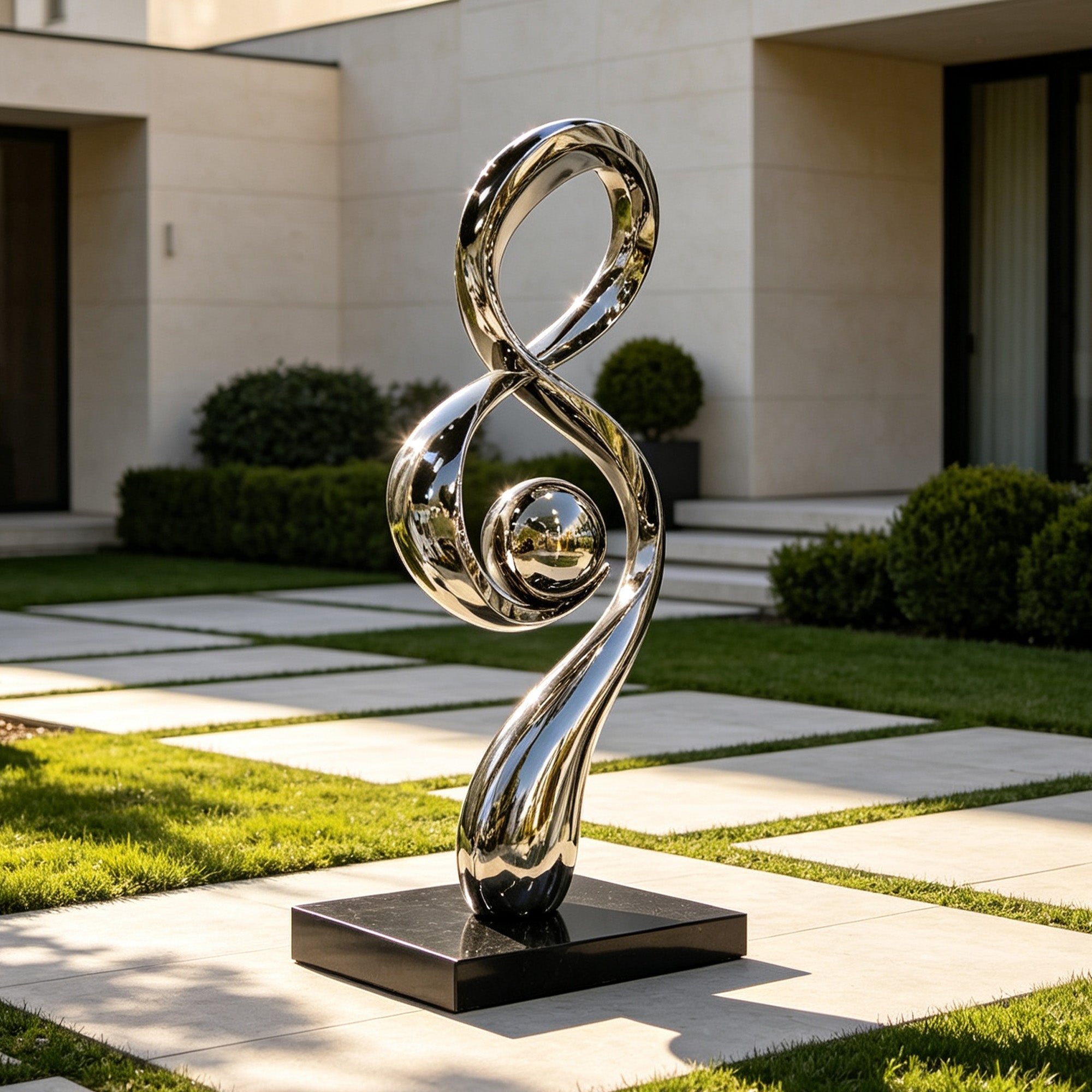 Infinite Note mirror stainless steel musical note sculpture installed in a villa garden, featuring reflective curved loop form, central metal sphere, black square base, lawn, stone pathway, and modern outdoor setting