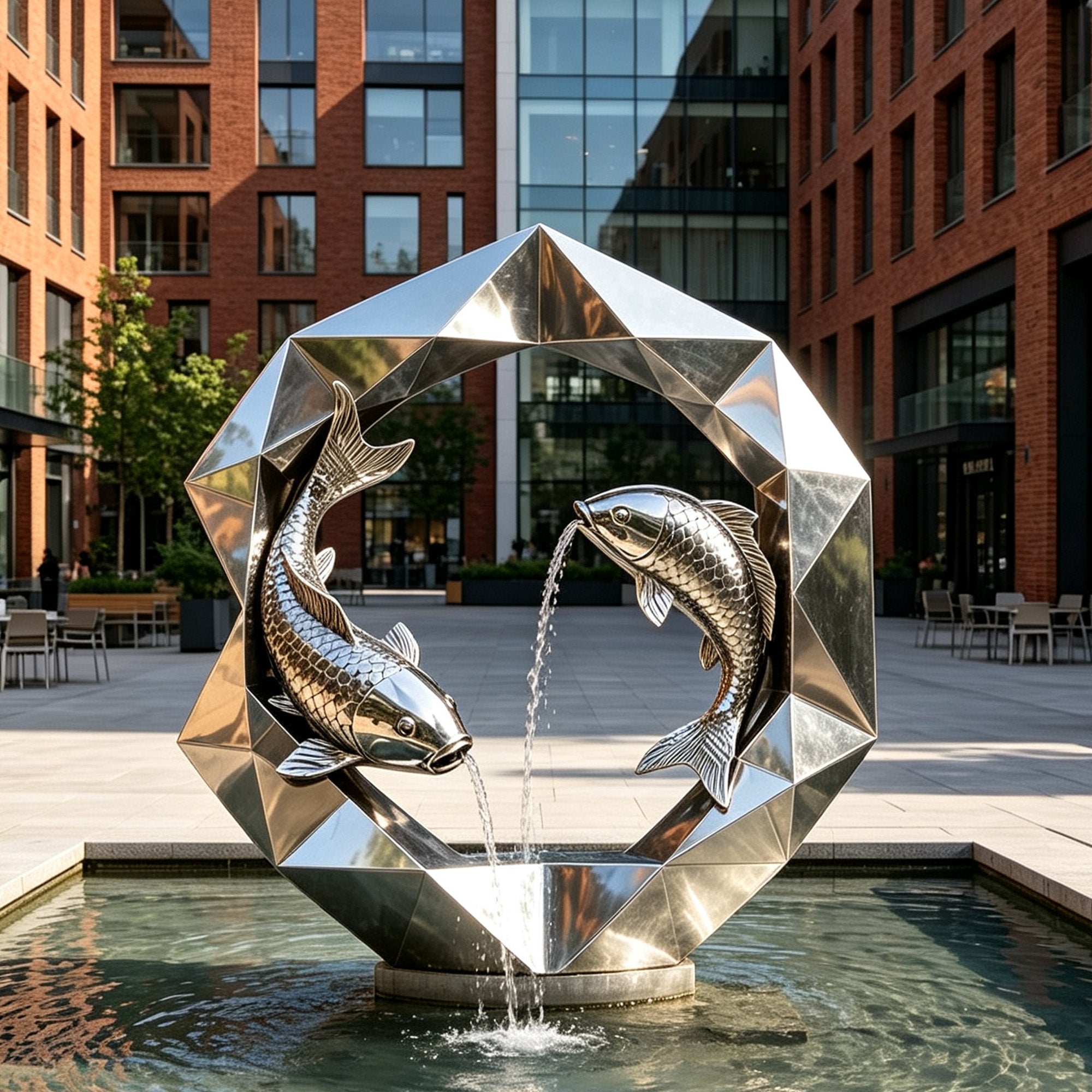 FINEST “Aqua Orbit” Mirror Stainless Steel Koi Fish Fountain Sculpture – Faceted Ring Water Feature for Pools, Courtyards & Public Plazas FS-321
