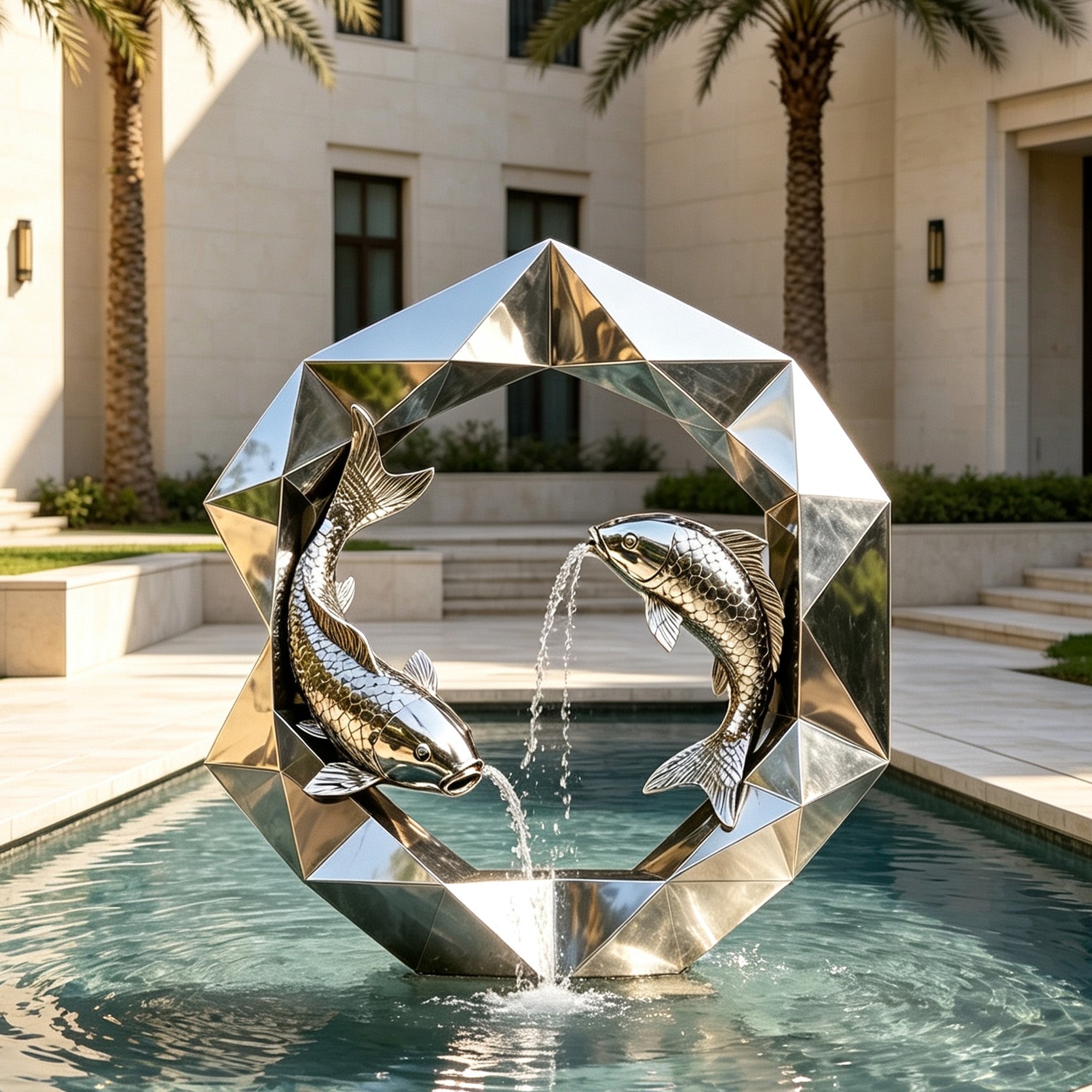 Mirror stainless steel koi fish fountain sculpture with geometric ring installed in a public plaza water feature, showing reflective surface, twin fish design, and water jets
