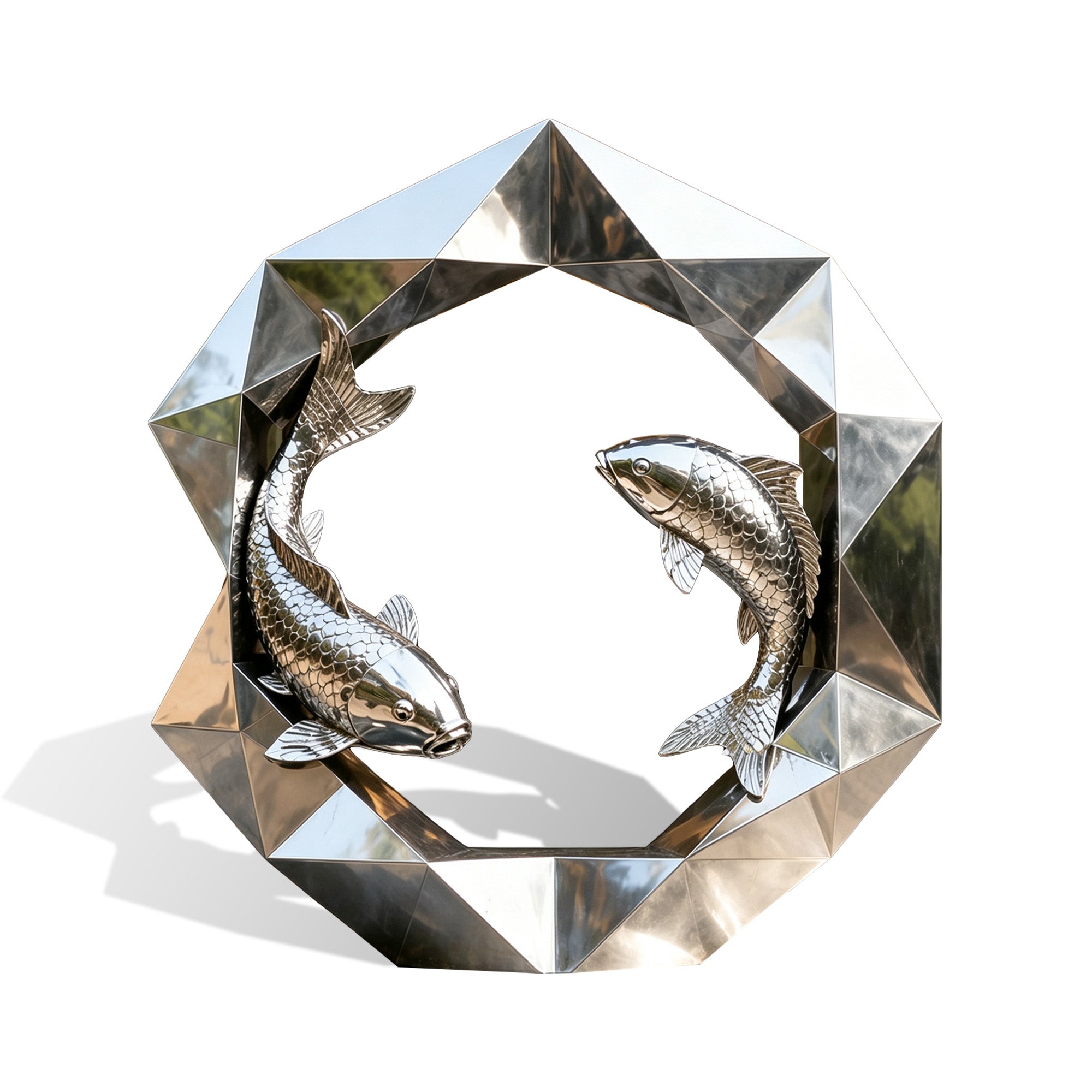 stainless steel koi fish fountain sculpture with twin fish, faceted circular ring, mirror polished finish, water spouts, and round base on white background