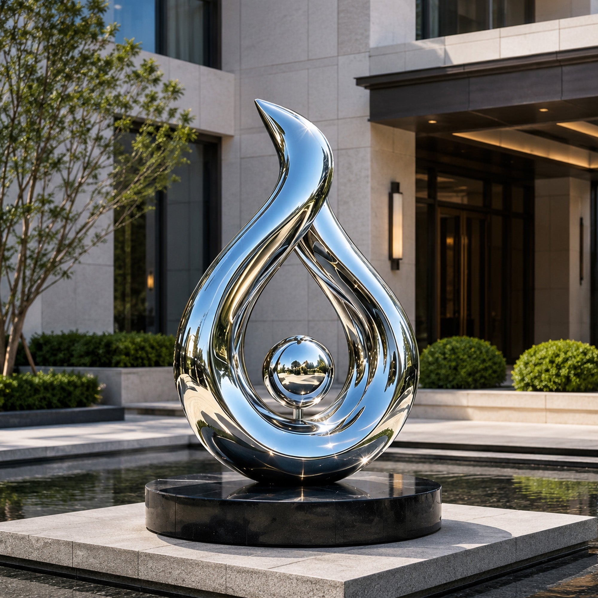 Pearl Flame mirror stainless steel teardrop sculpture installed in a modern water courtyard, featuring open flame-shaped form, central reflective sphere, black round base, and luxury building entrance setting