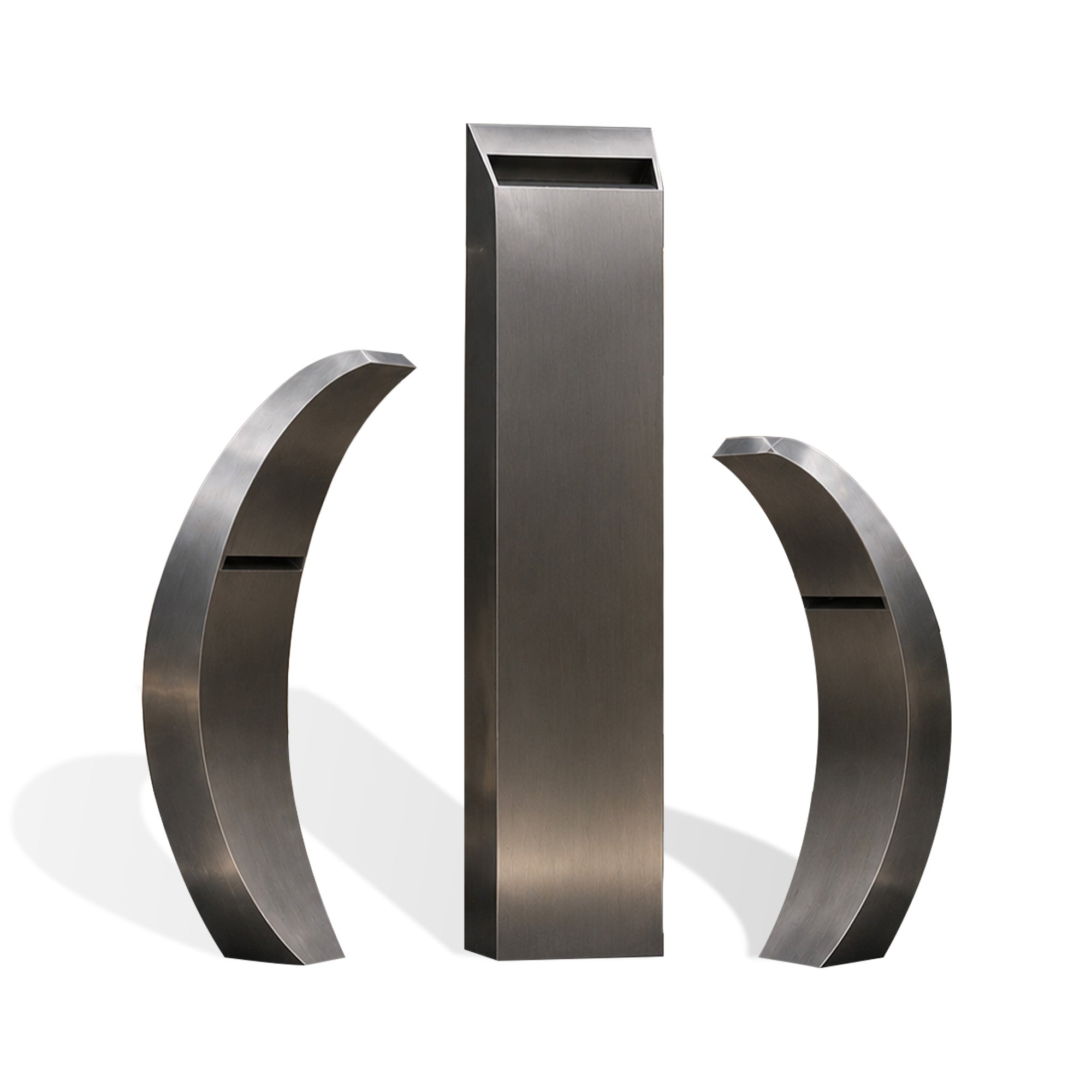 Contemporary brushed stainless steel fountain sculpture with curved metal forms and flowing water design