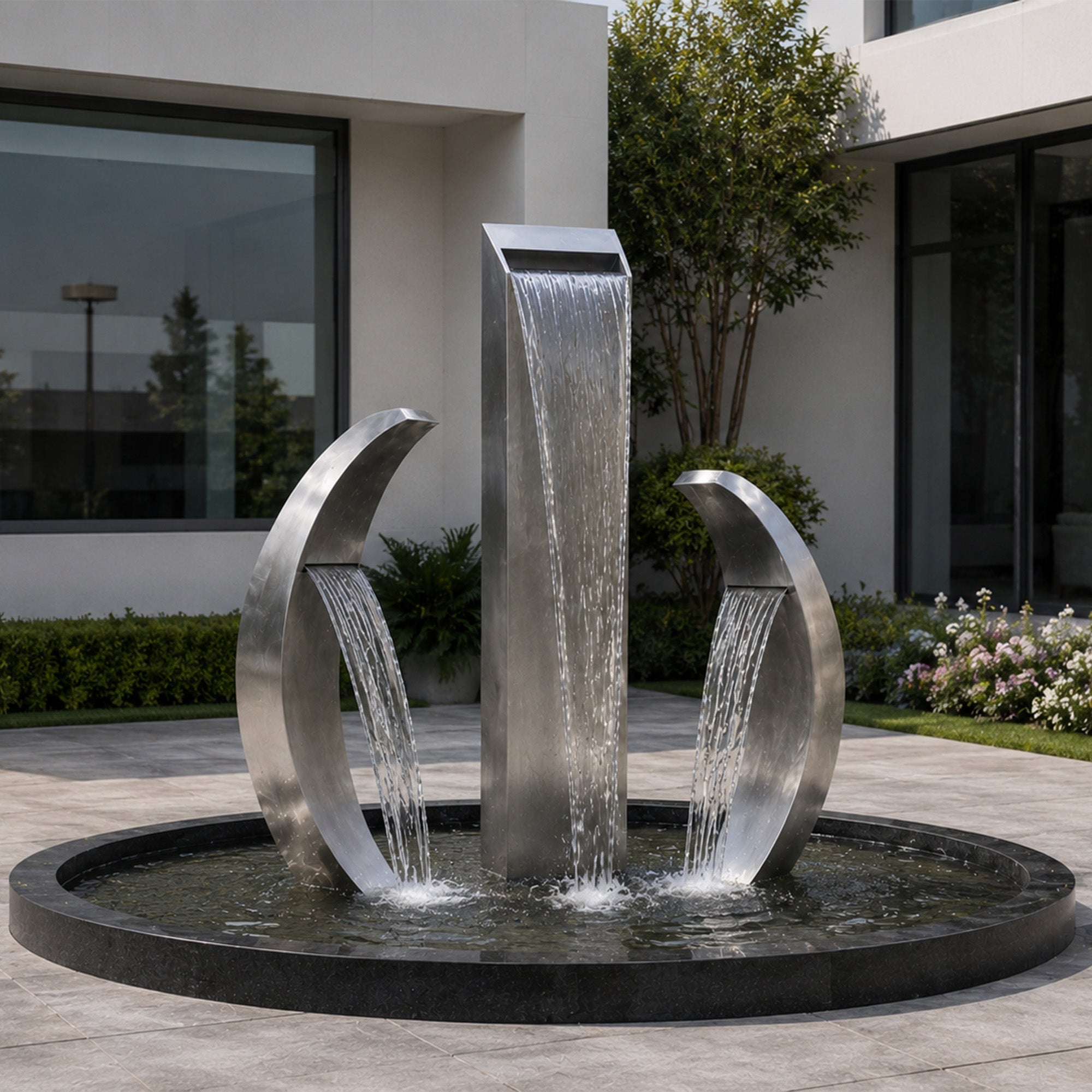 Modern brushed stainless steel water fountain sculpture with cascading water feature in a luxury outdoor garden