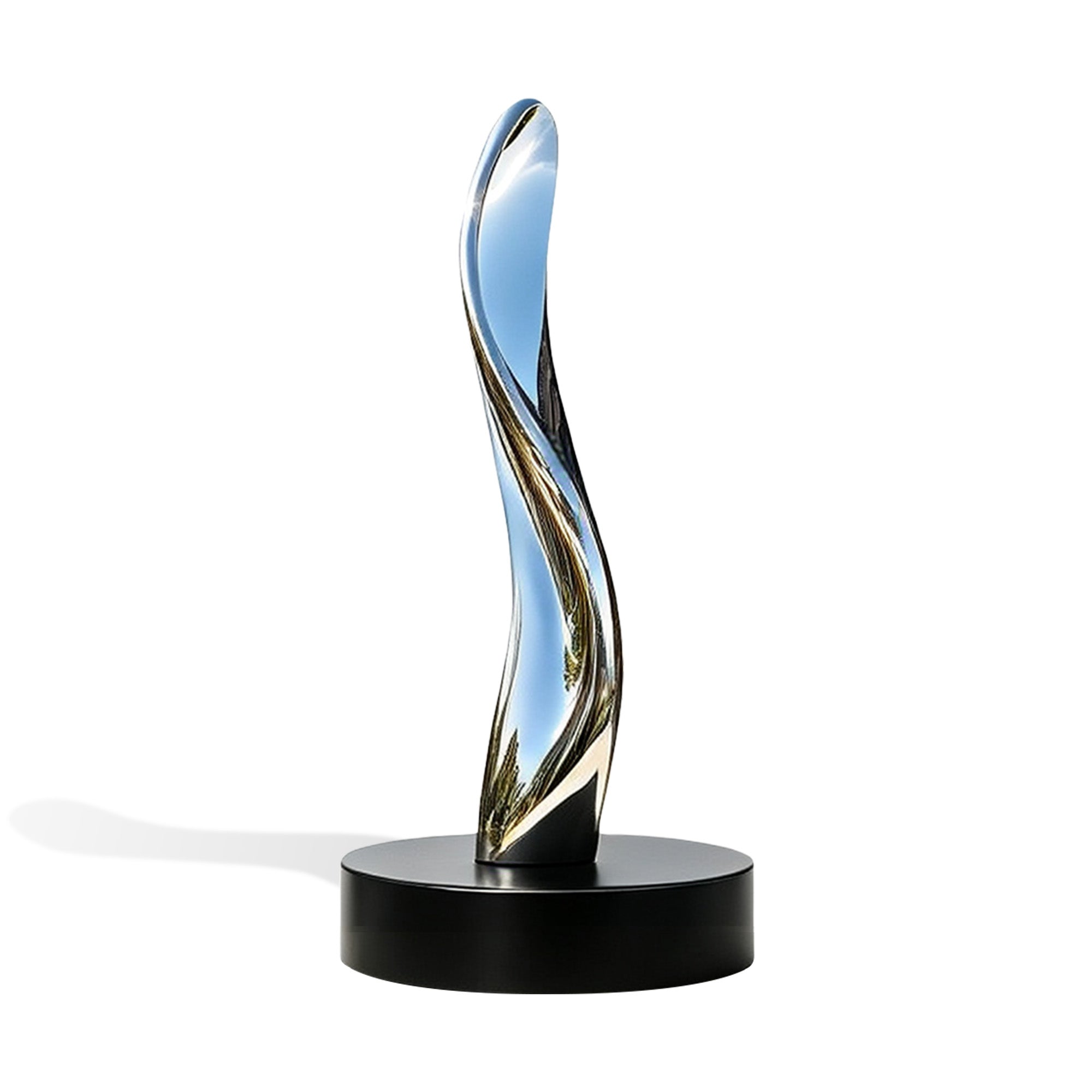 modern abstract polished stainless steel sculpture with an elegant vertical curved design