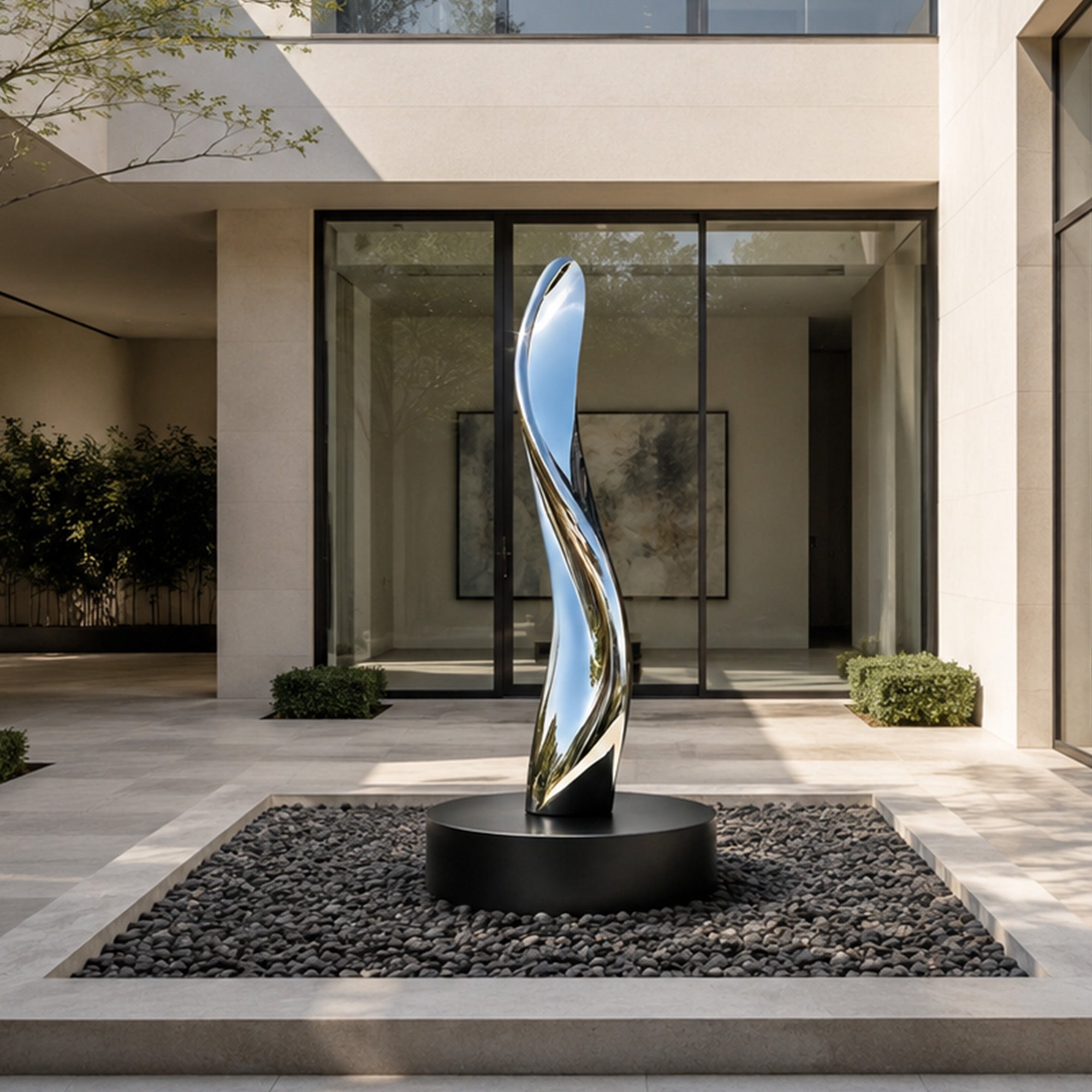 Modern polished stainless steel outdoor sculpture installed in a luxury architectural landscape with reflective curved form