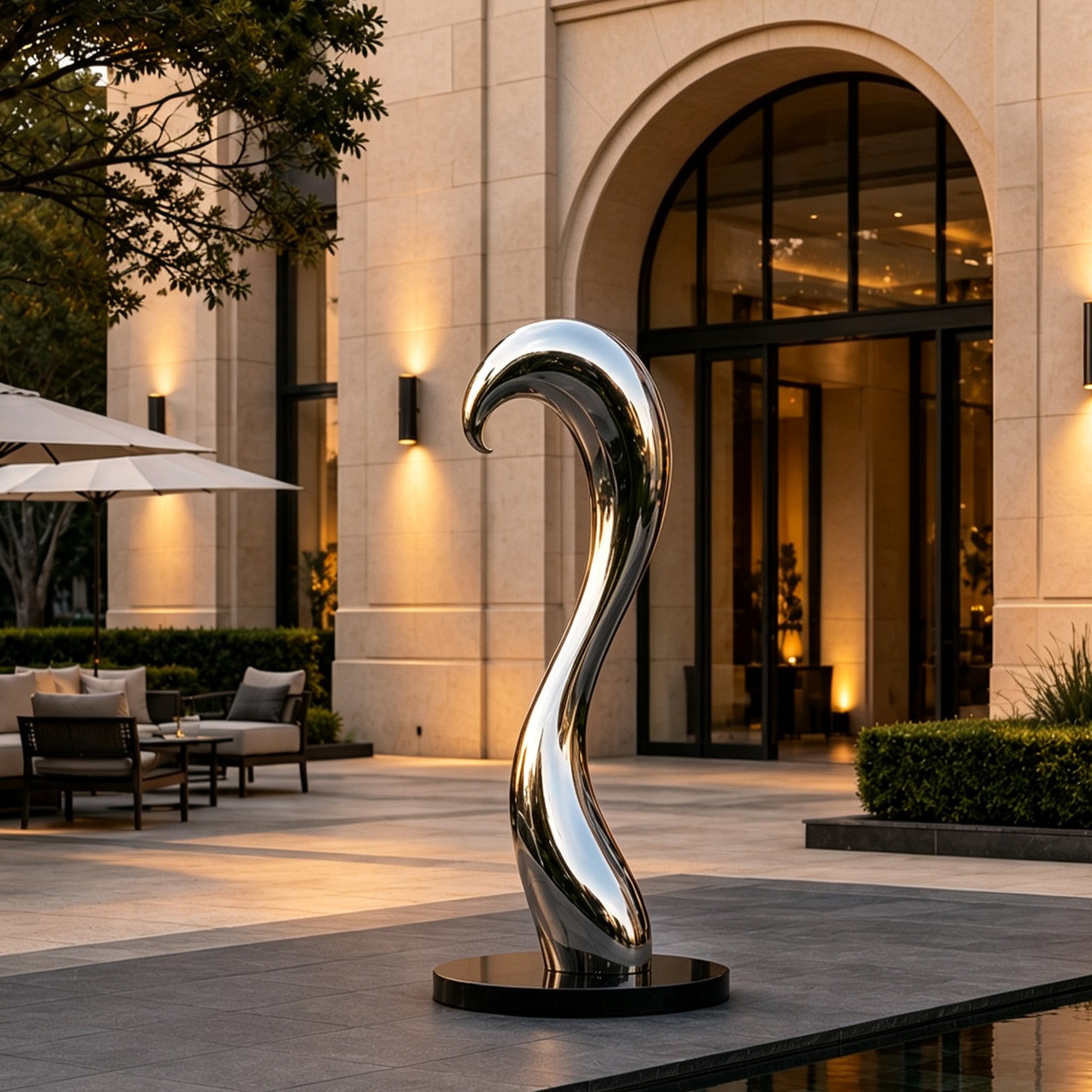 Contemporary stainless steel outdoor sculpture displayed in a luxury garden landscape with modern architectural surroundings