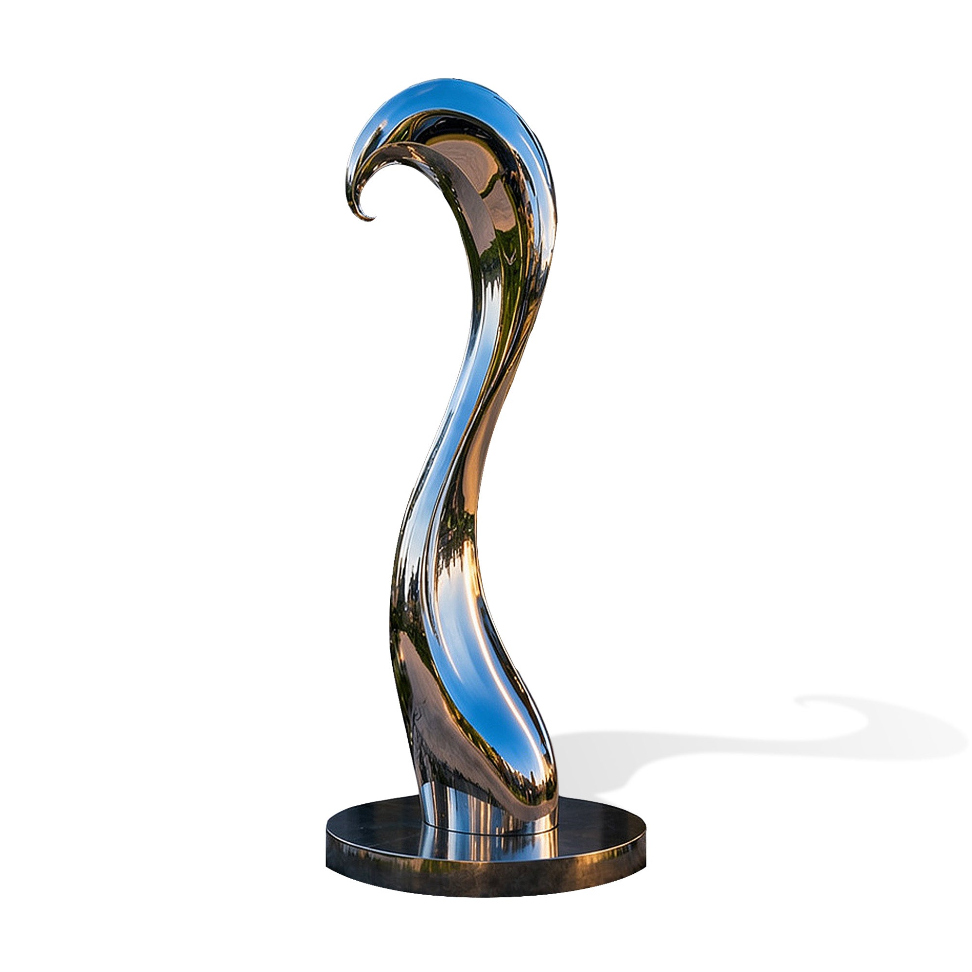 Modern abstract polished stainless steel sculpture with flowing curved design and reflective mirror finish