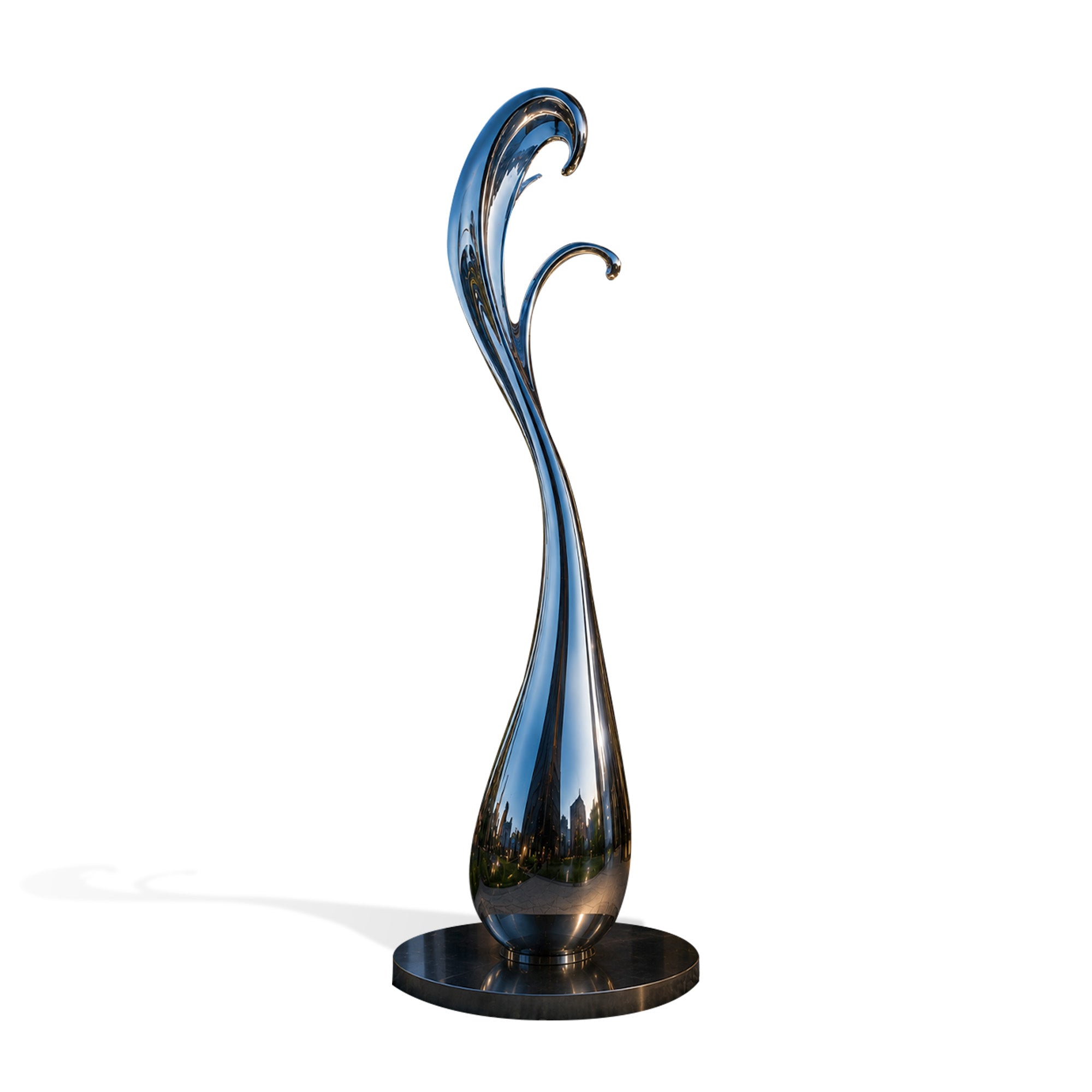 Tide Blossom mirror stainless steel water splash sculpture with tall flowing form, curled double spray shape, polished reflective surface, mirror round base, and white background